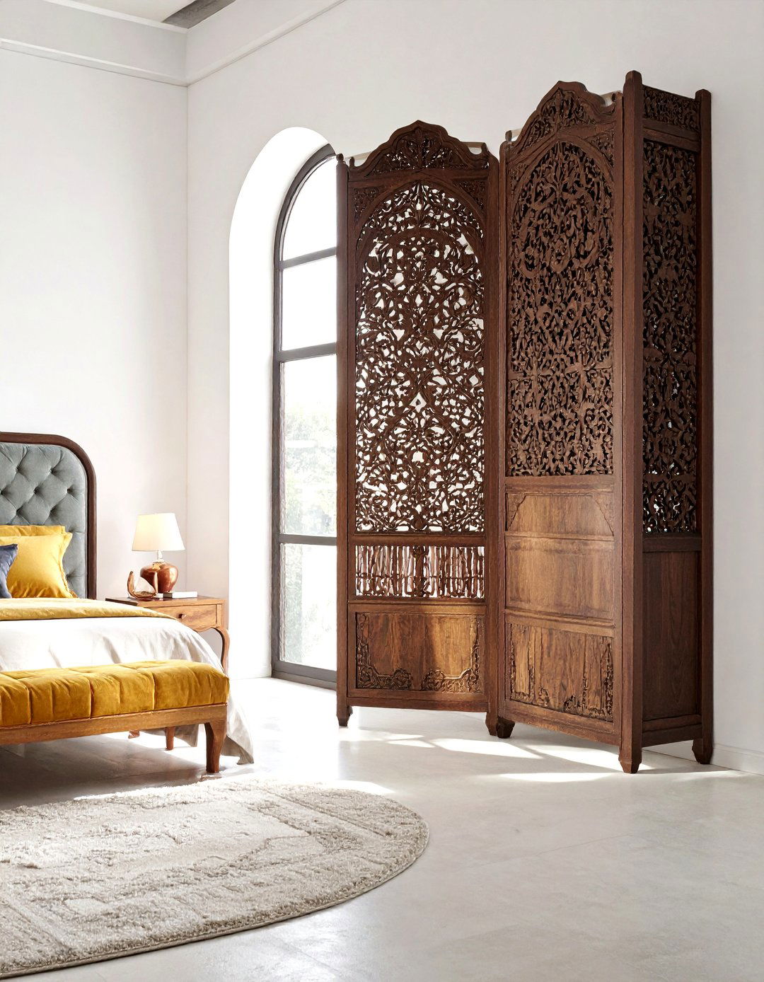 Bohemian Moroccan Bedroom with a Carved Wooden Room Divider - 20 Bohemian Moroccan Bedroom Ideas for a Cozy Retreat