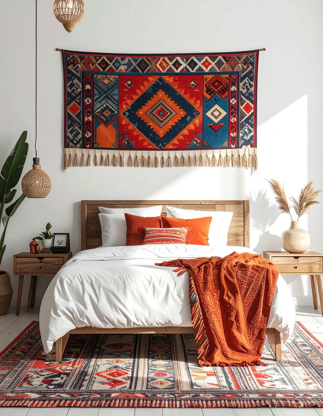 Bohemian Moroccan Bedroom with a Statement Kilim Wall Tapestry - 20 Bohemian Moroccan Bedroom Ideas for a Cozy Retreat