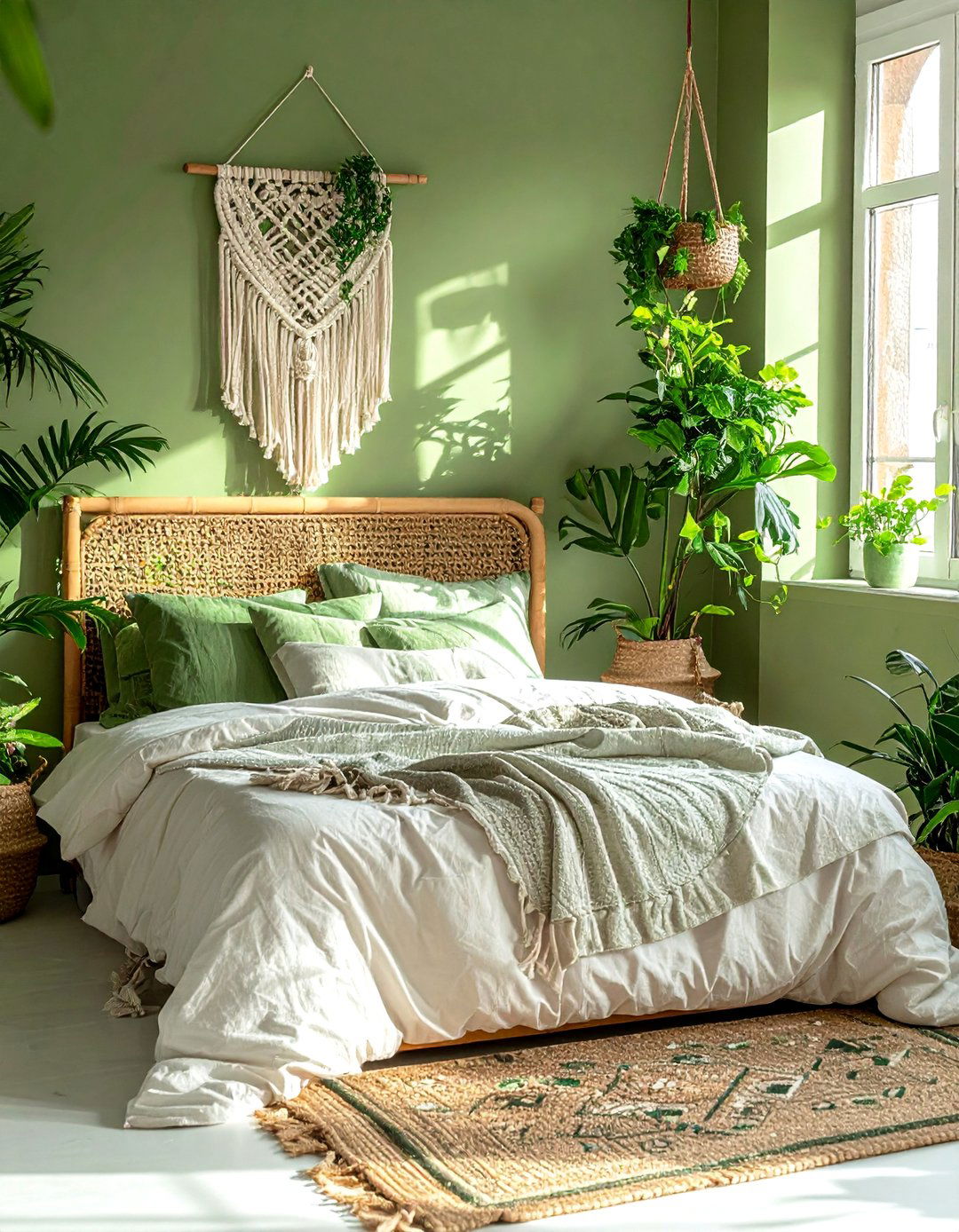 Bohemian Olive Green Bedroom with Rattan Elements - 25 Olive Green Bedroom Ideas for a Sophisticated Look