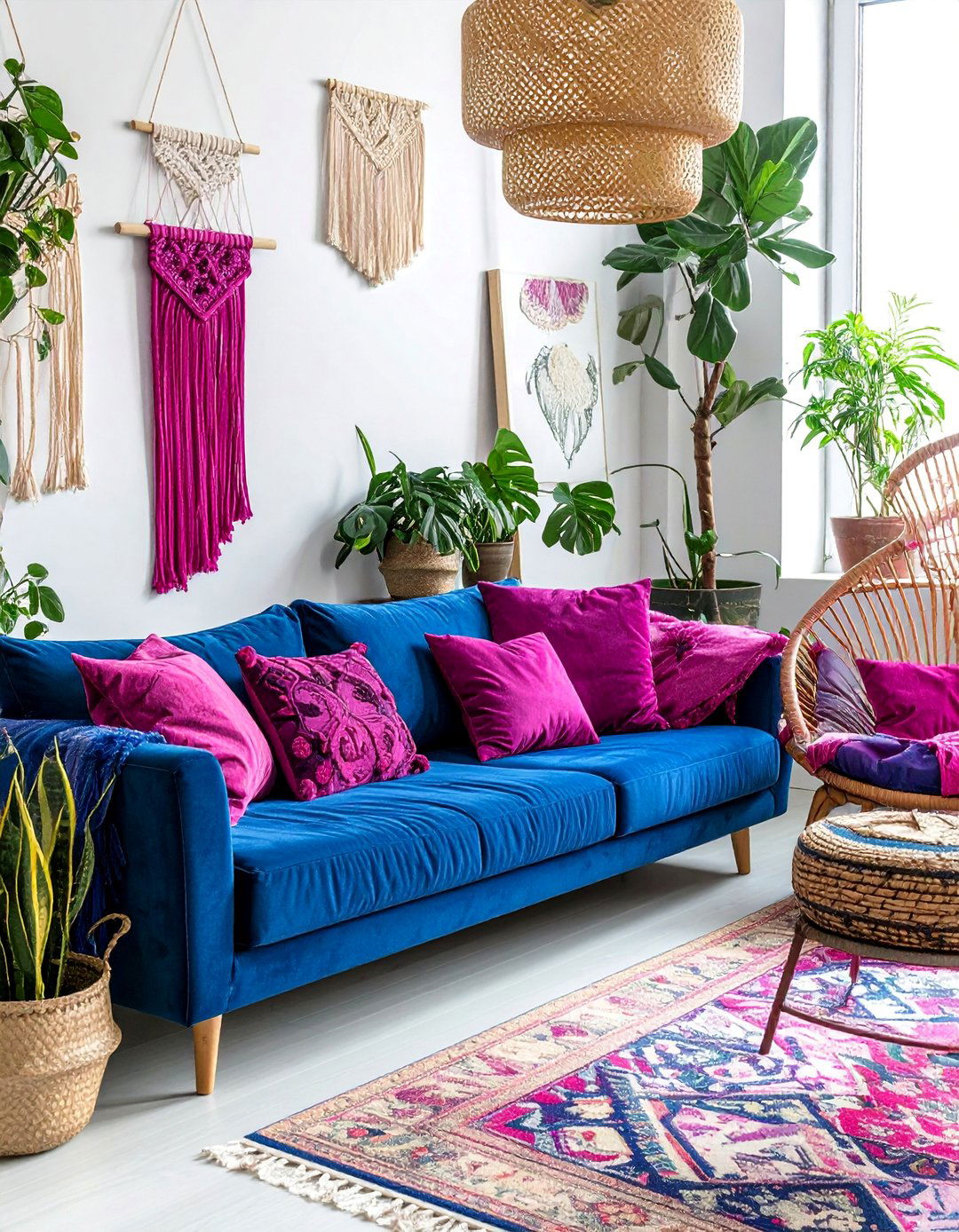 Bohemian Pink and Blue Living Room with Rattan Furniture - 15 Pink and Blue Living Room Ideas for a Cozy Vibe