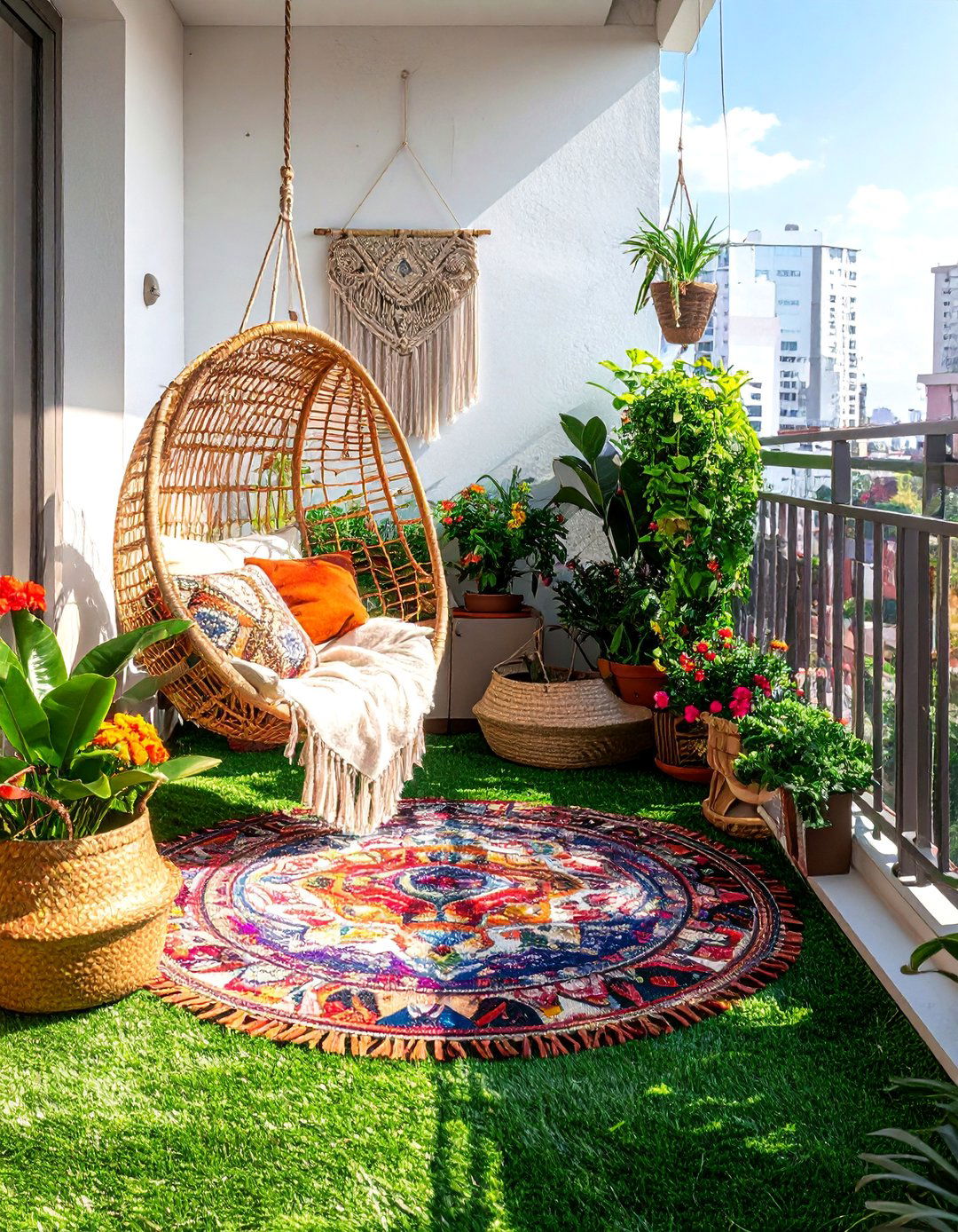 Bohemian Style Artificial Grass Balcony - 20 Artificial Grass Balcony Design Ideas for Urban Spaces