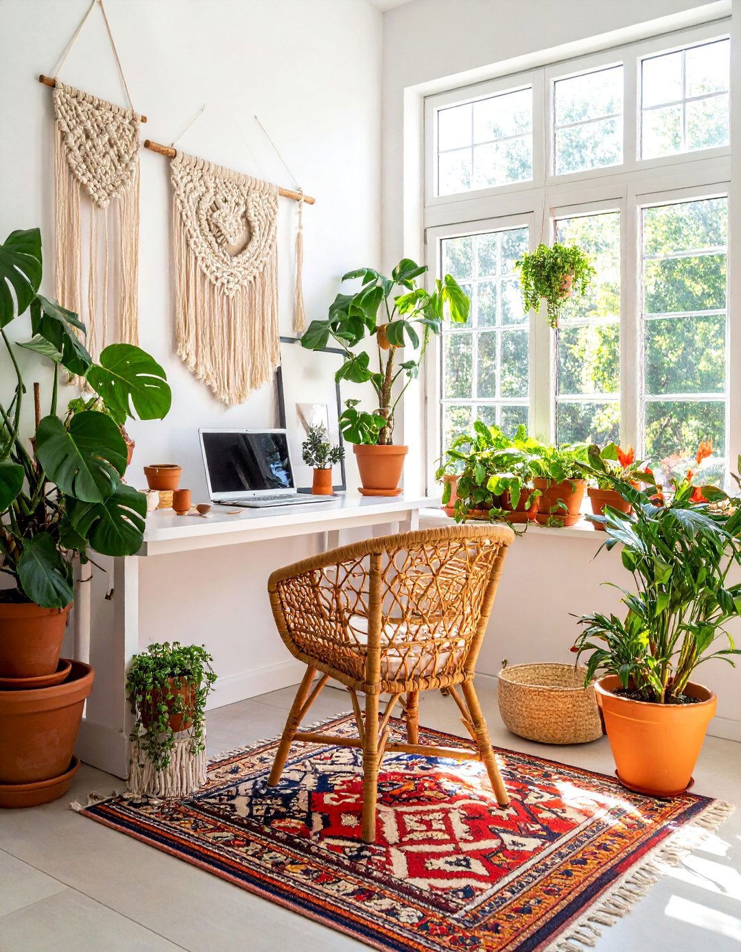 Bohemian Sunroom Office with Rattan Furniture - 20 Sunroom Office Ideas for a Productive and Inspiring Workspace