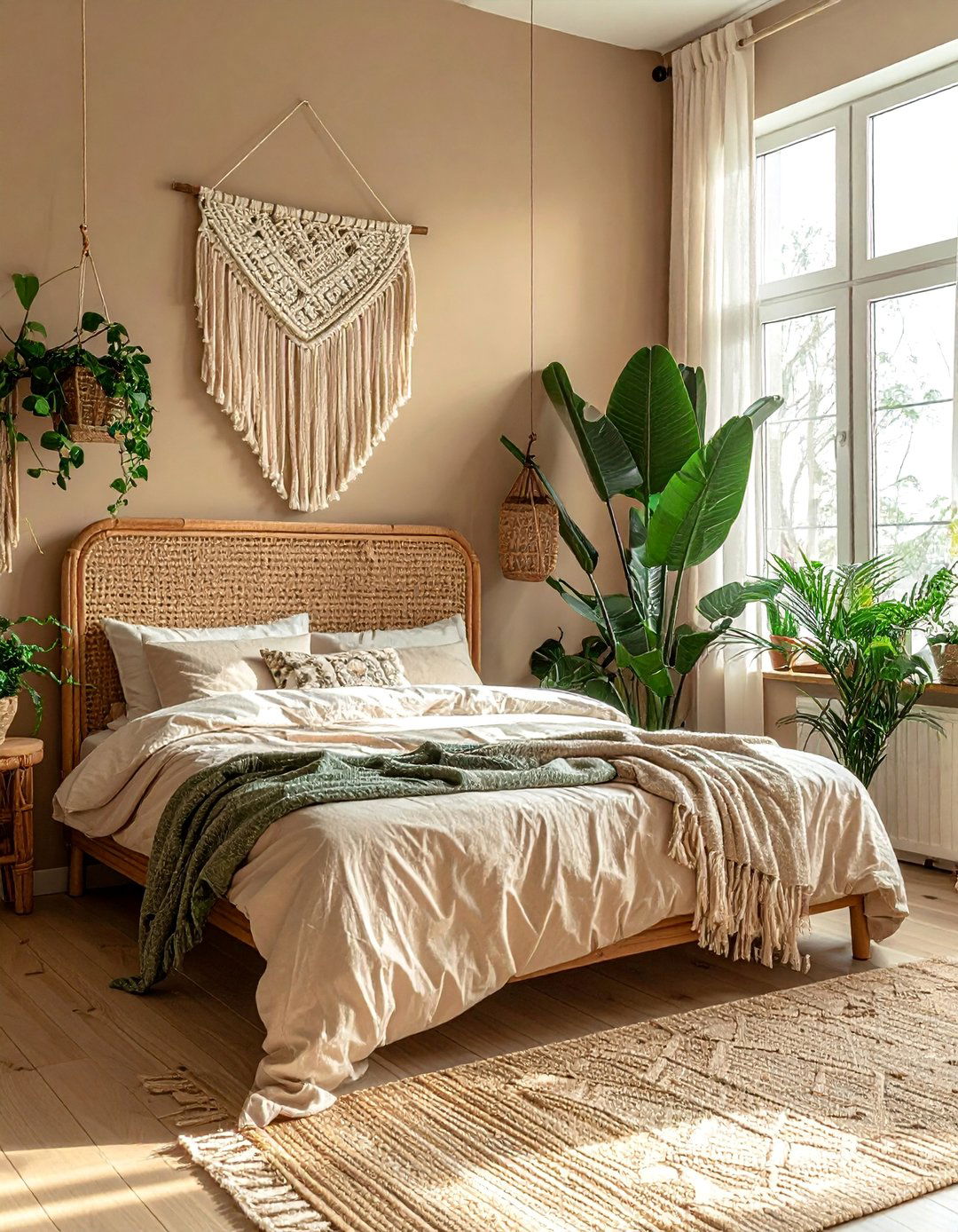 Bohemian Taupe Bedroom with Rattan Furniture - 20 Taupe Bedroom Ideas for a Calming and Cozy Retreat