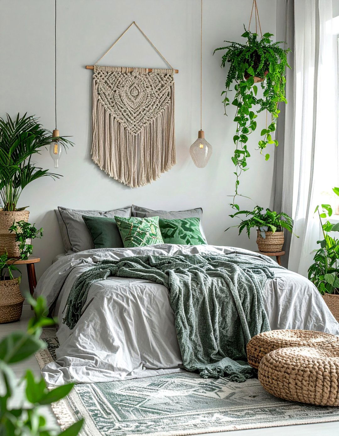 Boho Chic Bedroom with Sage Green and Assorted Greys - 20 Green and Grey Bedroom Ideas for a Serene Retreat