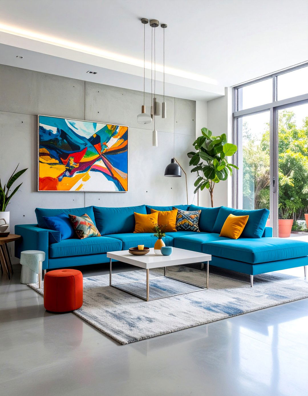Bold Color Contrast Schemes - 20 Concrete Floor Living Room Ideas for Modern Homes