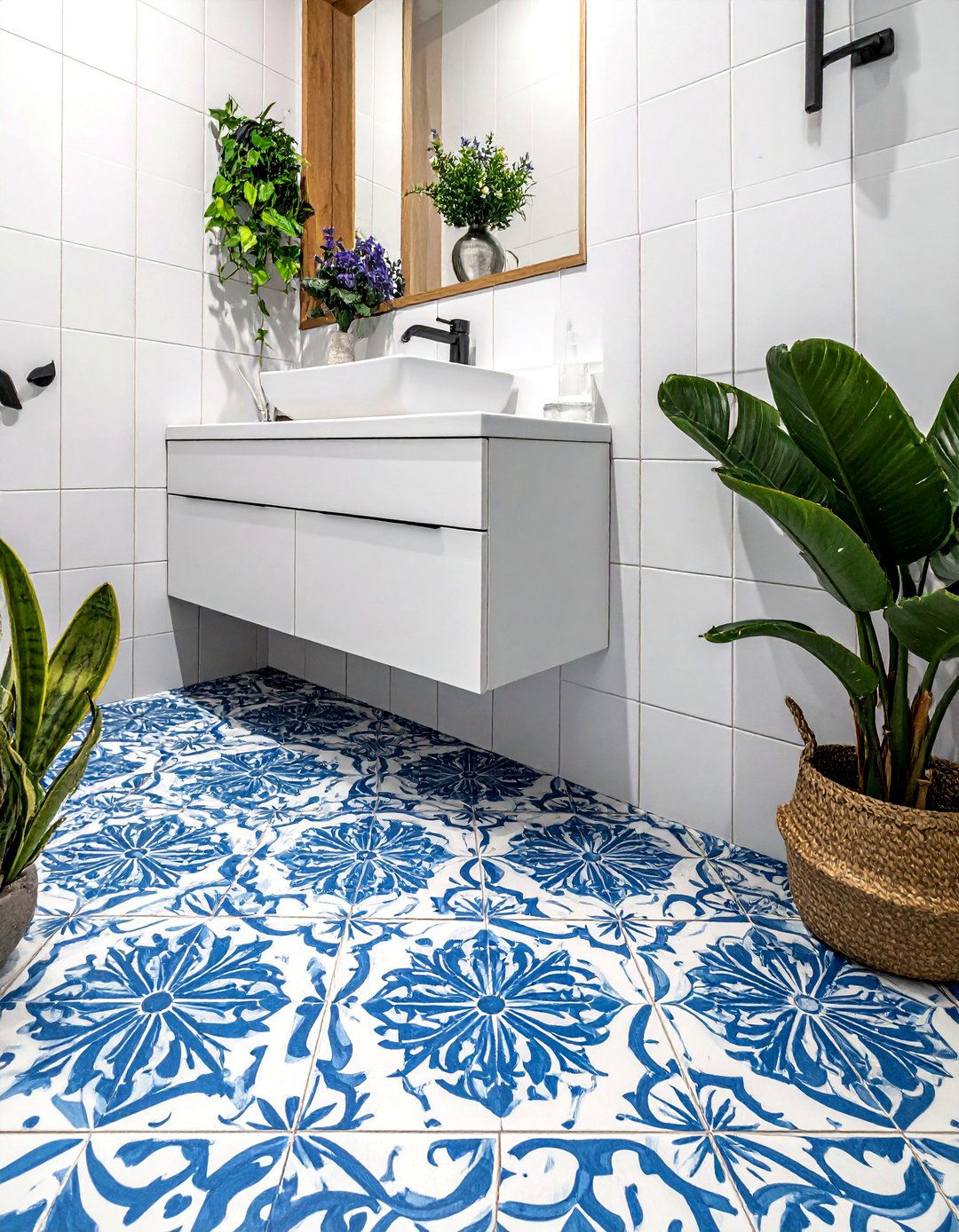 Bold Patterned Cement Tile Small Bathroom Flooring - 15 Stylish Small Bathroom Flooring Ideas for Any Home
