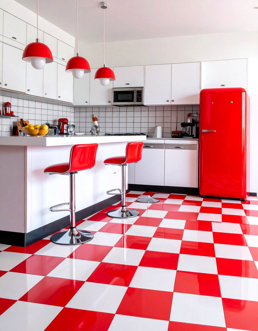 Bold Red and White Retro Checkered Floors - 25 Kitchens With Checkered Floors for Timeless Style