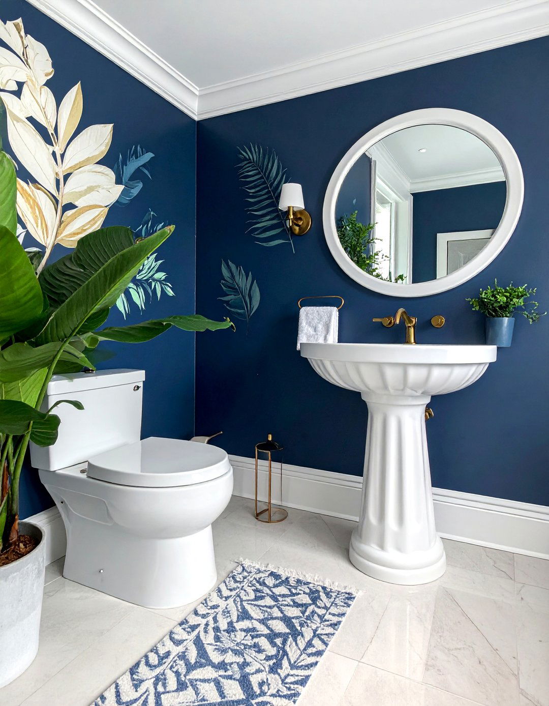 Botanical Wallpaper with White Trim - 15 Navy Blue Powder Room Ideas for a Chic Space