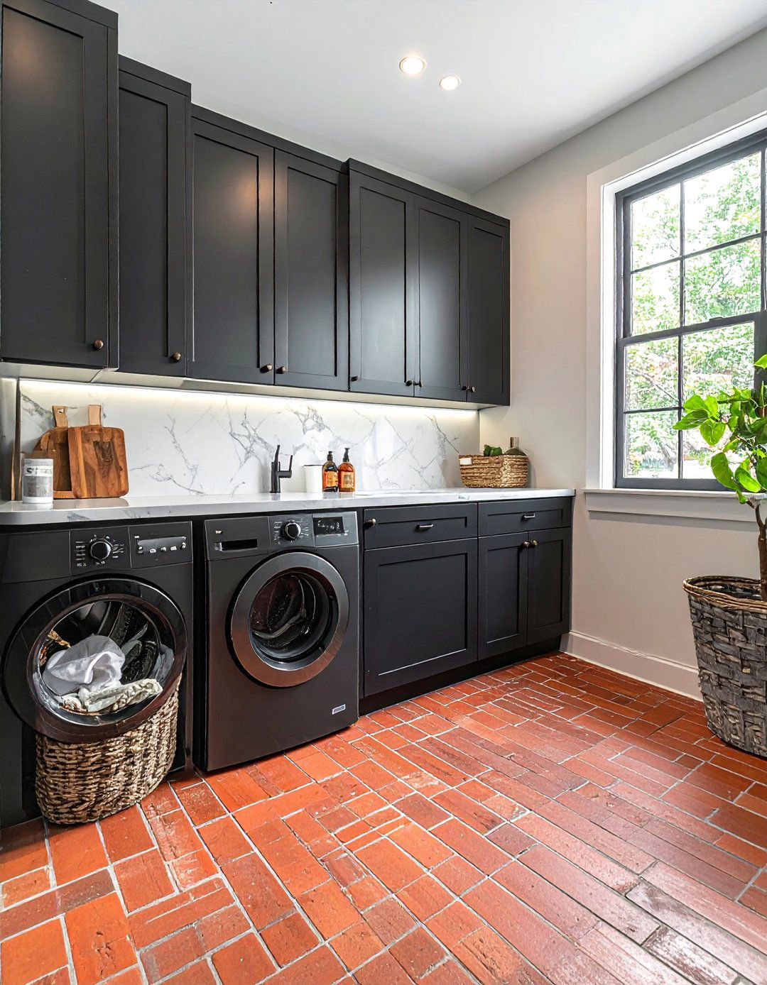 Brick Floor Laundry Room with Dark Cabinets - 15 Brick Floor Laundry Room Ideas for a Rustic Charm