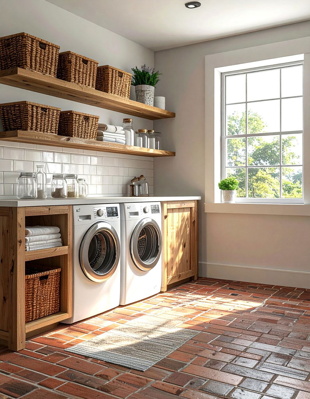 Brick Floor Laundry Room with Open Shelving - 15 Brick Floor Laundry Room Ideas for a Rustic Charm