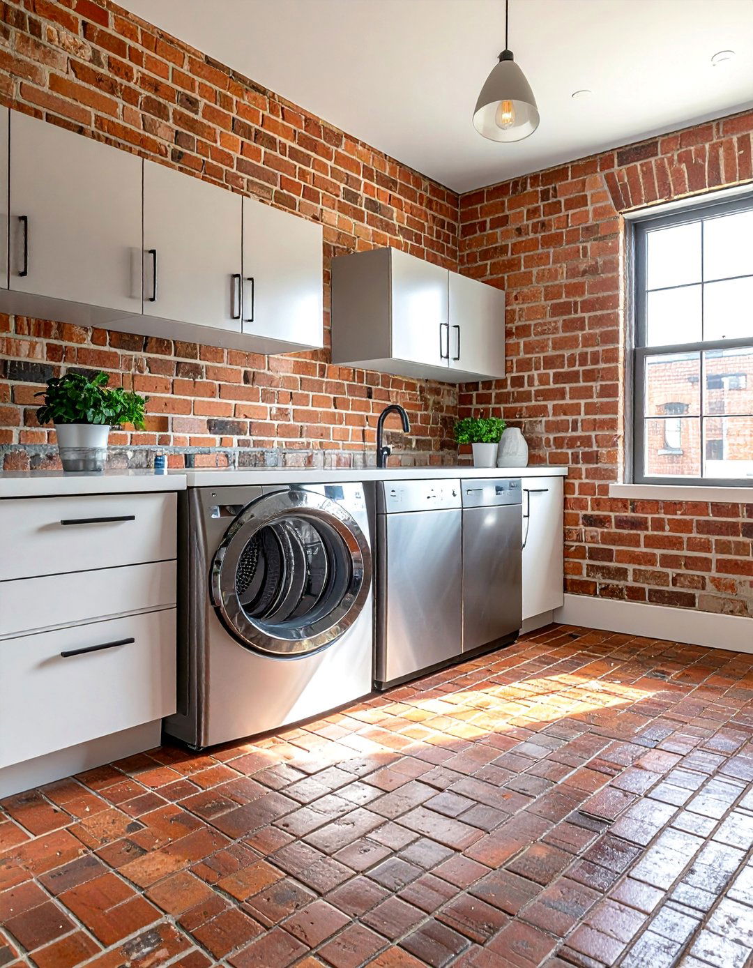 Brick Floor and Exposed Brick Wall Laundry Room - 15 Brick Floor Laundry Room Ideas for a Rustic Charm