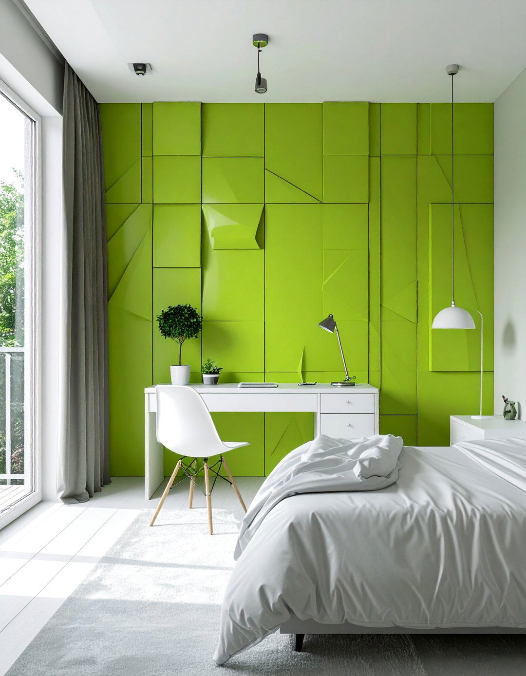 Bright Lime Green Asymmetrical Panelling - 20 Green Panelling Bedroom Ideas for a Fresh Look