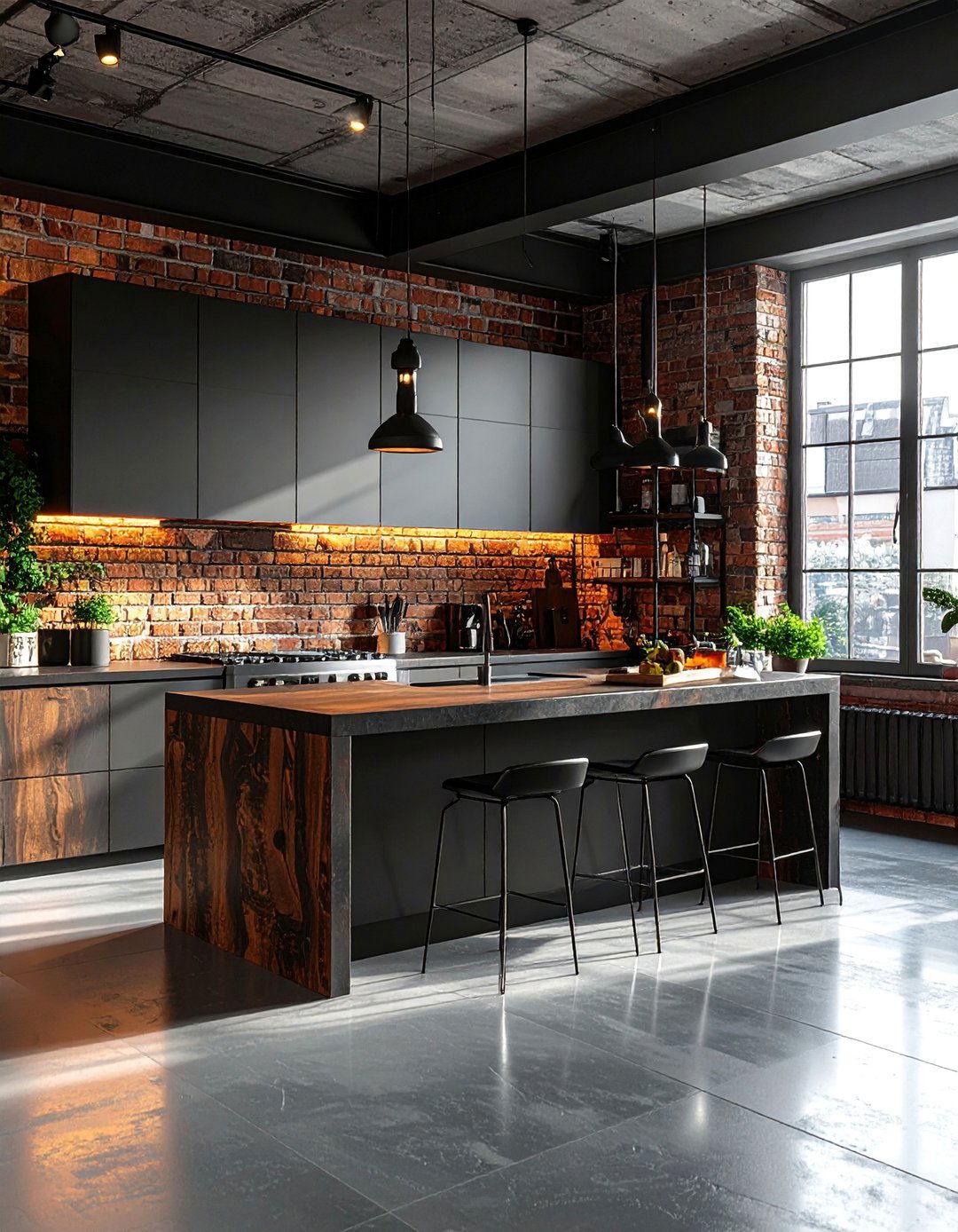 Brown Brick Accent Wall in a Black Kitchen - 20 Black and Brown Kitchen Ideas for a Warm Aesthetic