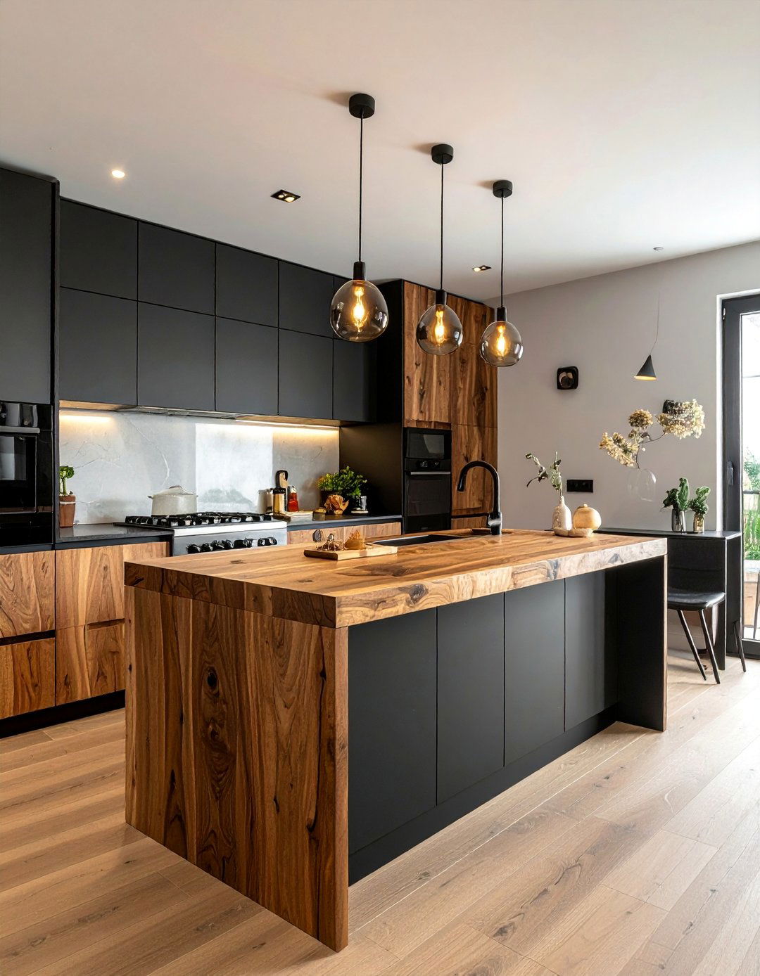 Brown Butcher Block Countertops on a Black Island - 20 Black and Brown Kitchen Ideas for a Warm Aesthetic