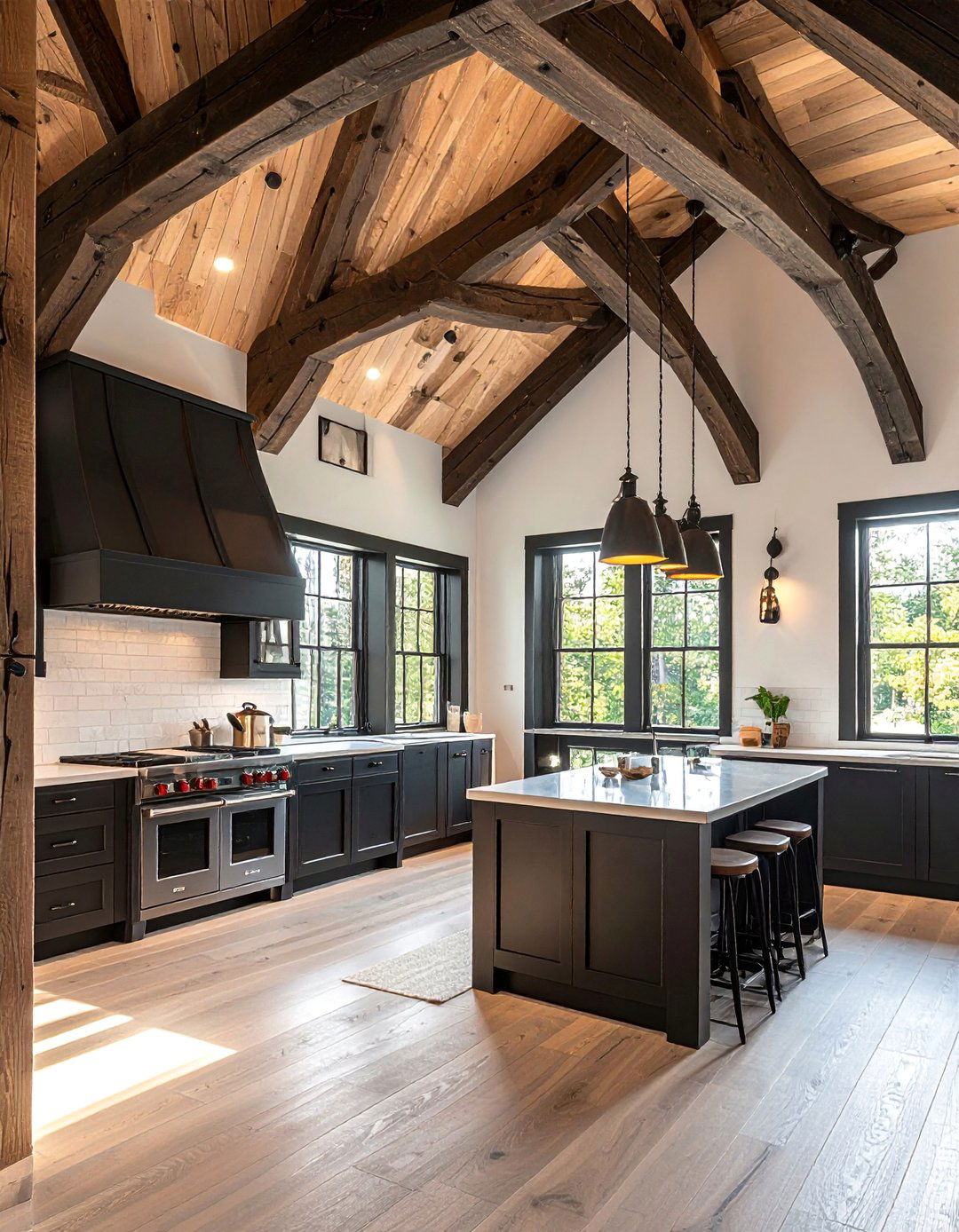 Brown Ceiling Beams in a Kitchen with Black Accents - 20 Black and Brown Kitchen Ideas for a Warm Aesthetic