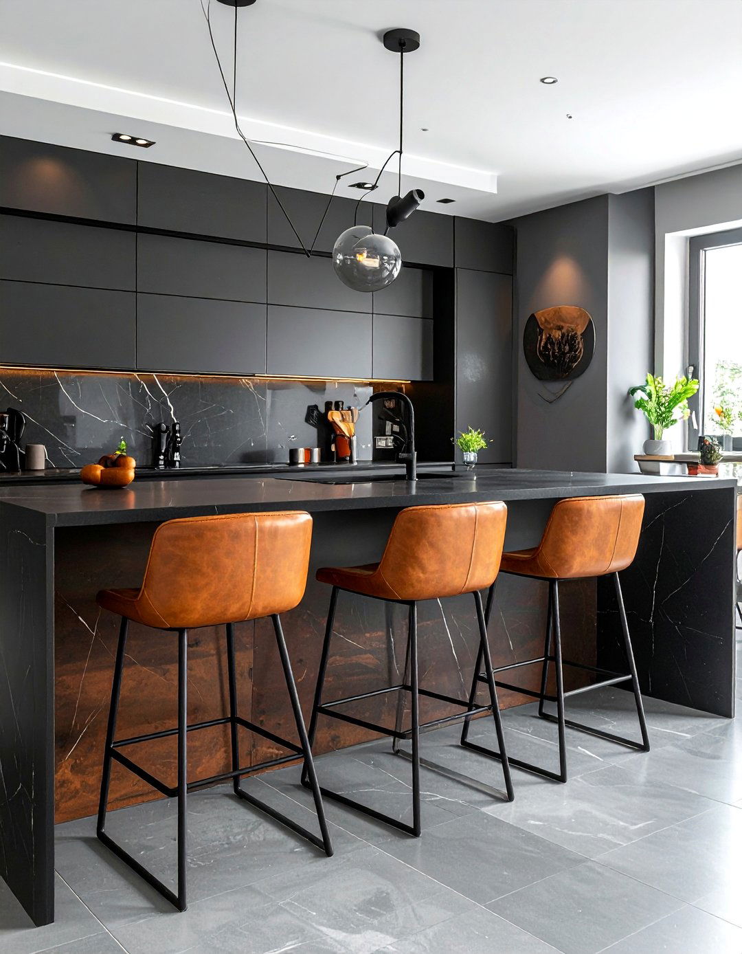 Brown Leather Stools at a Black Kitchen Island - 20 Black and Brown Kitchen Ideas for a Warm Aesthetic