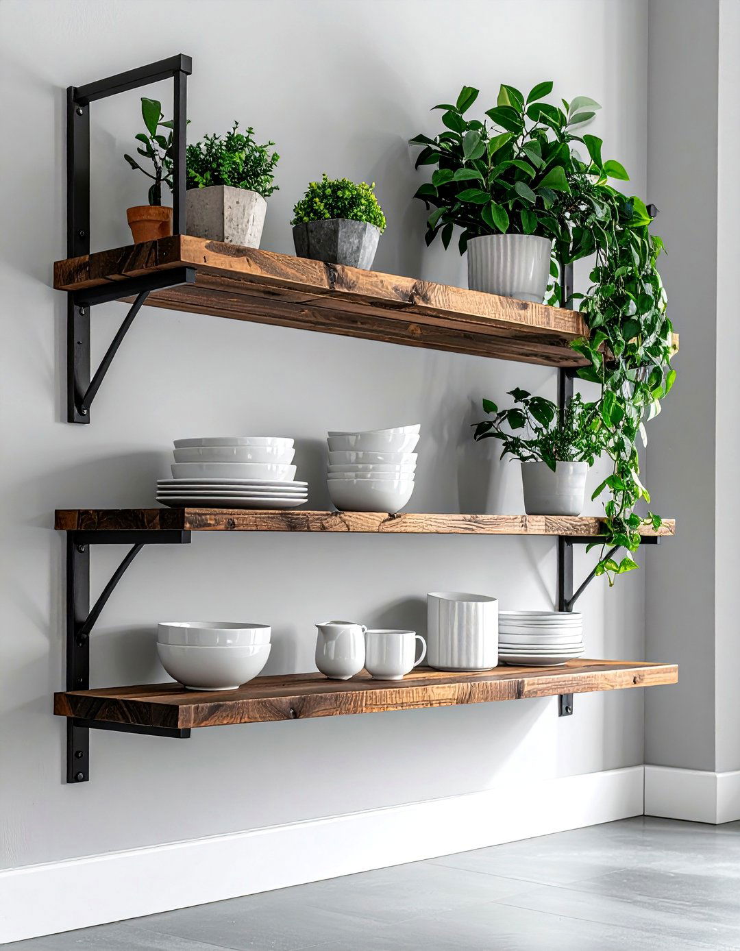 Brown Open Shelving with Black Brackets - 20 Black and Brown Kitchen Ideas for a Warm Aesthetic