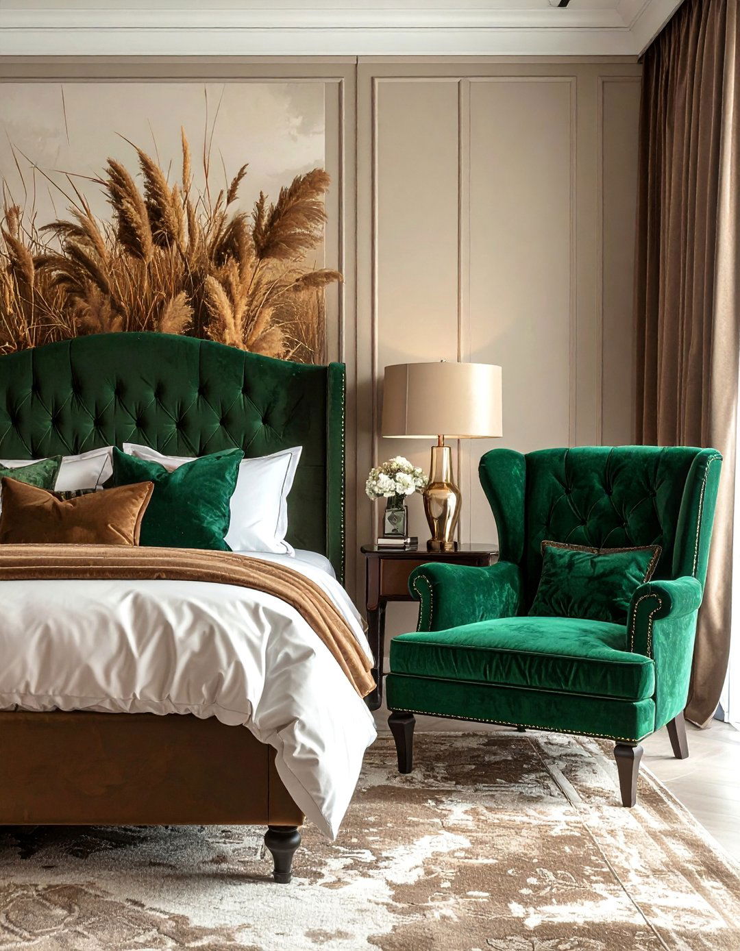 Brown Textured Wallpaper and Emerald Green Velvet Accents - 20 Green and Brown Bedroom Ideas for a Natural Look