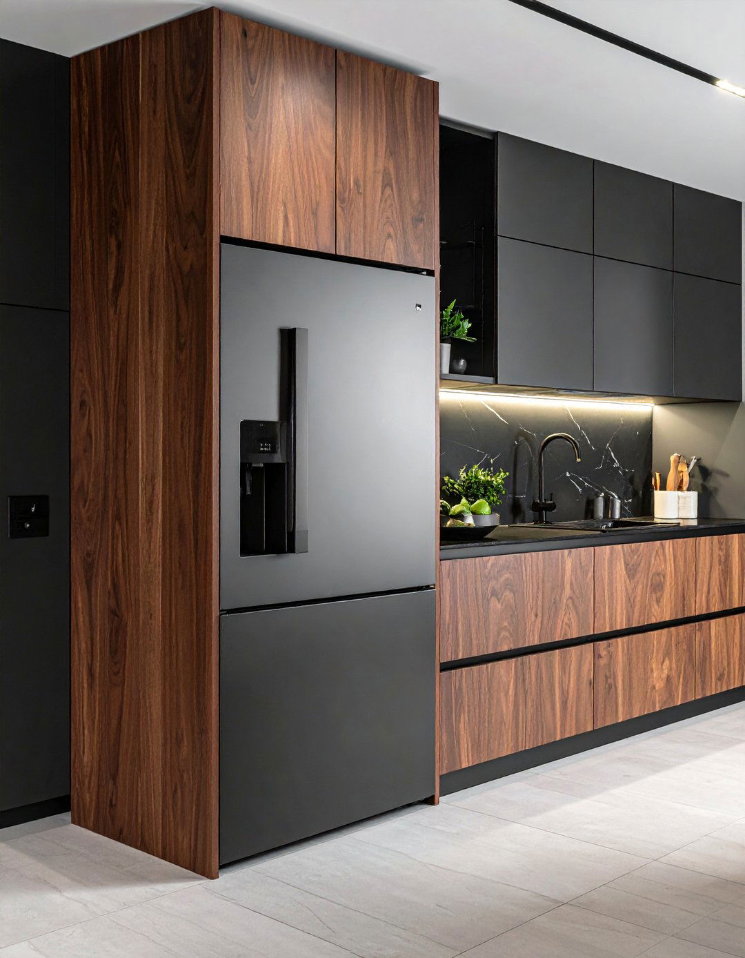 Brown Wood Panels on a Black Refrigerator - 20 Black and Brown Kitchen Ideas for a Warm Aesthetic