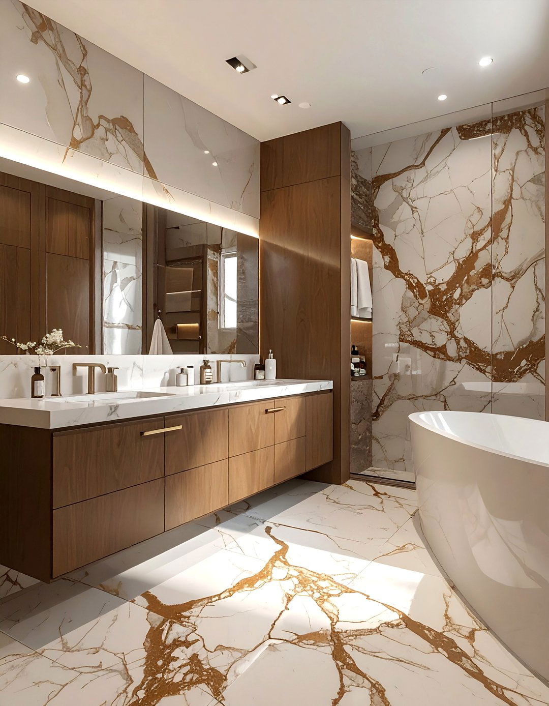 Brown and White Bathroom Featuring Marble Countertops - 15 Brown and White Bathroom Ideas for a Timeless Look