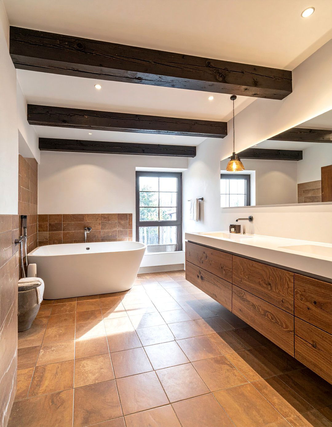 Brown and White Bathroom Showcasing a Wooden Ceiling Beam - 15 Brown and White Bathroom Ideas for a Timeless Look