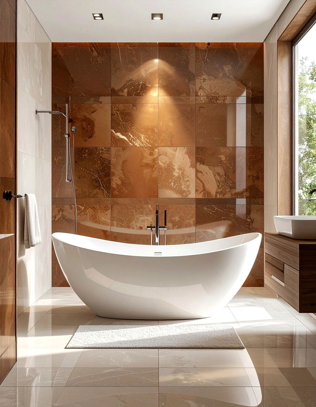 Brown and White Bathroom and a Freestanding White Tub - 15 Brown and White Bathroom Ideas for a Timeless Look