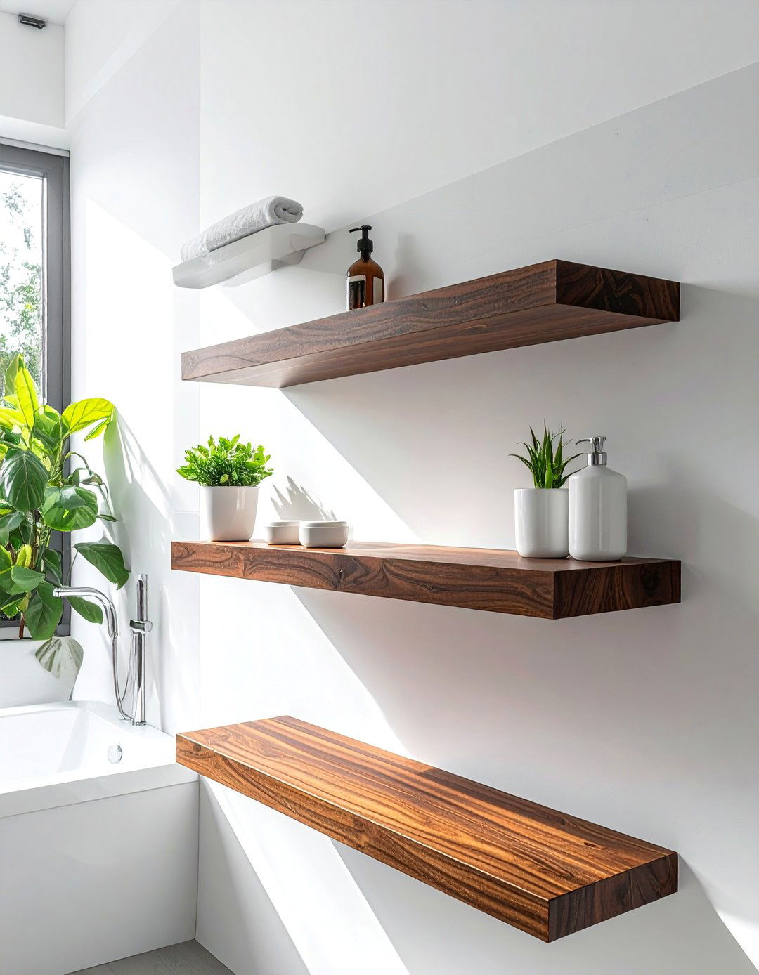 Brown and White Bathroom design with Minimalist Floating Shelves - 15 Brown and White Bathroom Ideas for a Timeless Look