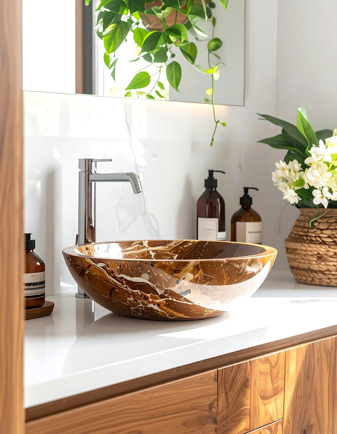 Brown and White Bathroom featuring a Stone Vessel Sink - 15 Brown and White Bathroom Ideas for a Timeless Look