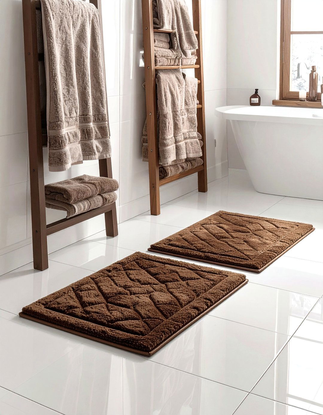 Brown and White Bathroom incorporating Earthy Brown Textiles - 15 Brown and White Bathroom Ideas for a Timeless Look