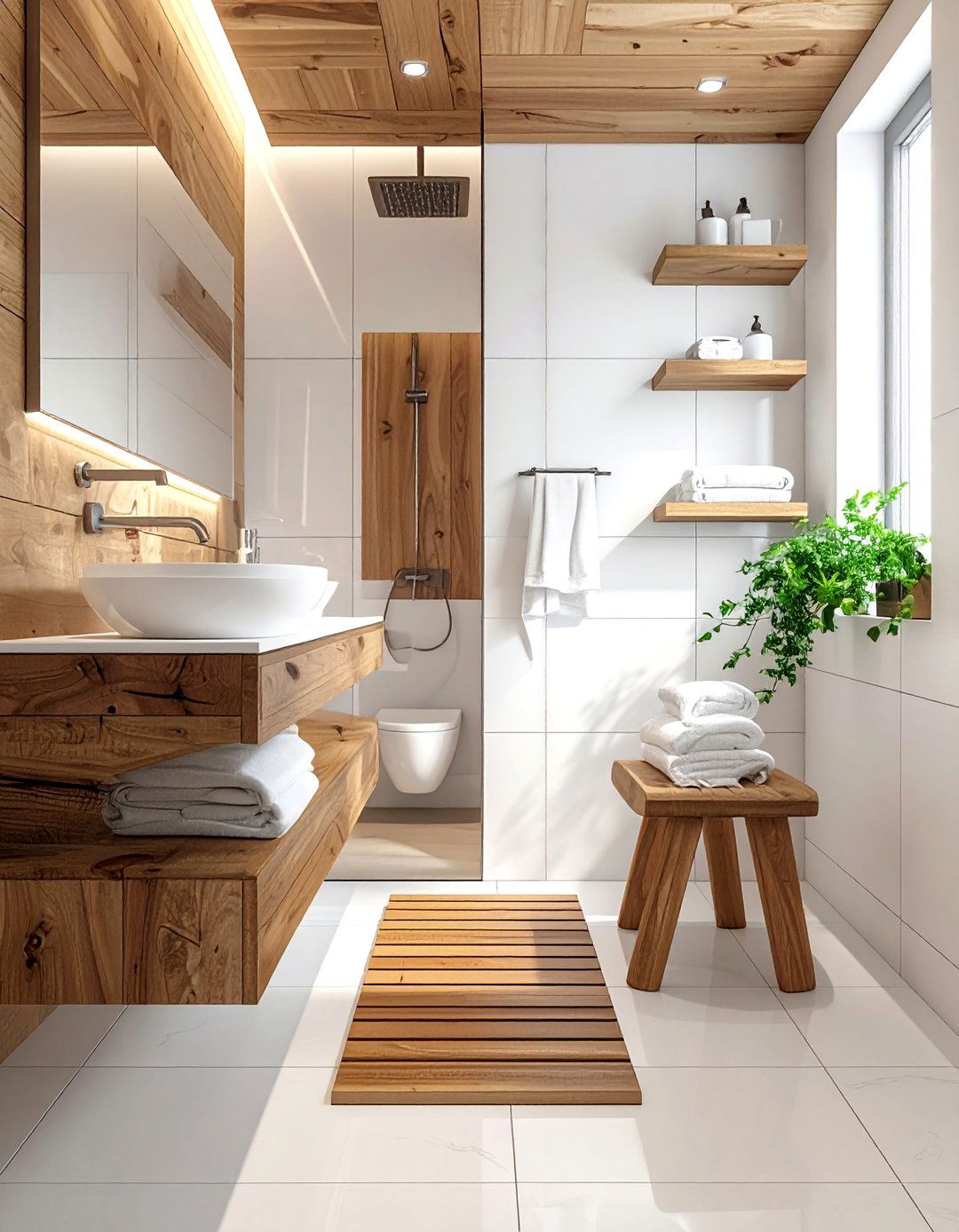 Brown and White Bathroom using Natural Wood Accents - 15 Brown and White Bathroom Ideas for a Timeless Look