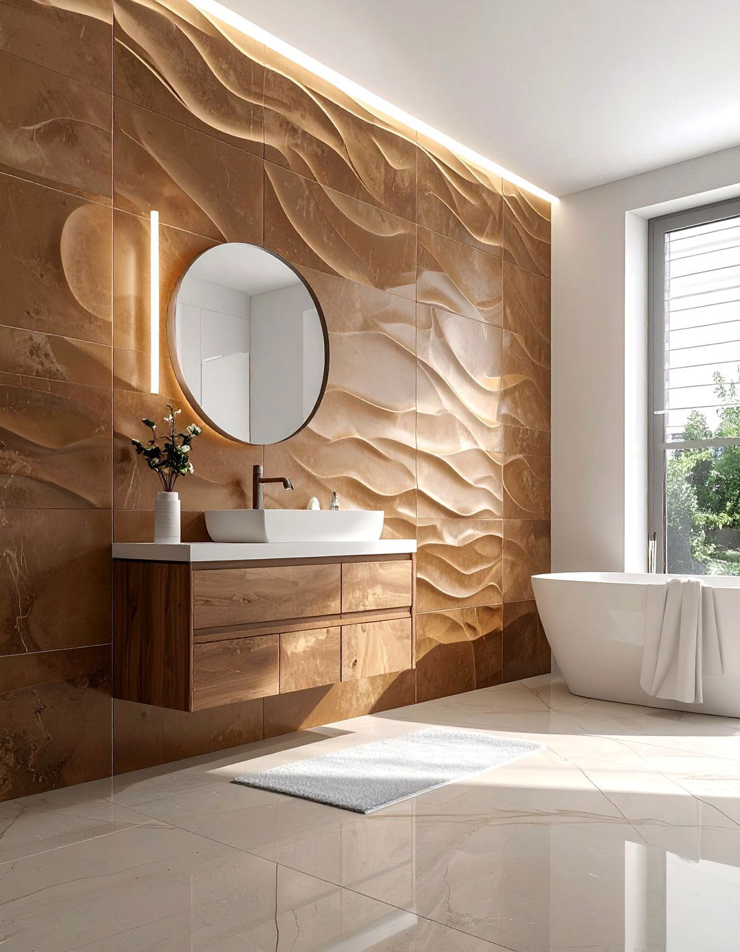 Brown and White Bathroom using Textured Brown Wall Tiles - 15 Brown and White Bathroom Ideas for a Timeless Look