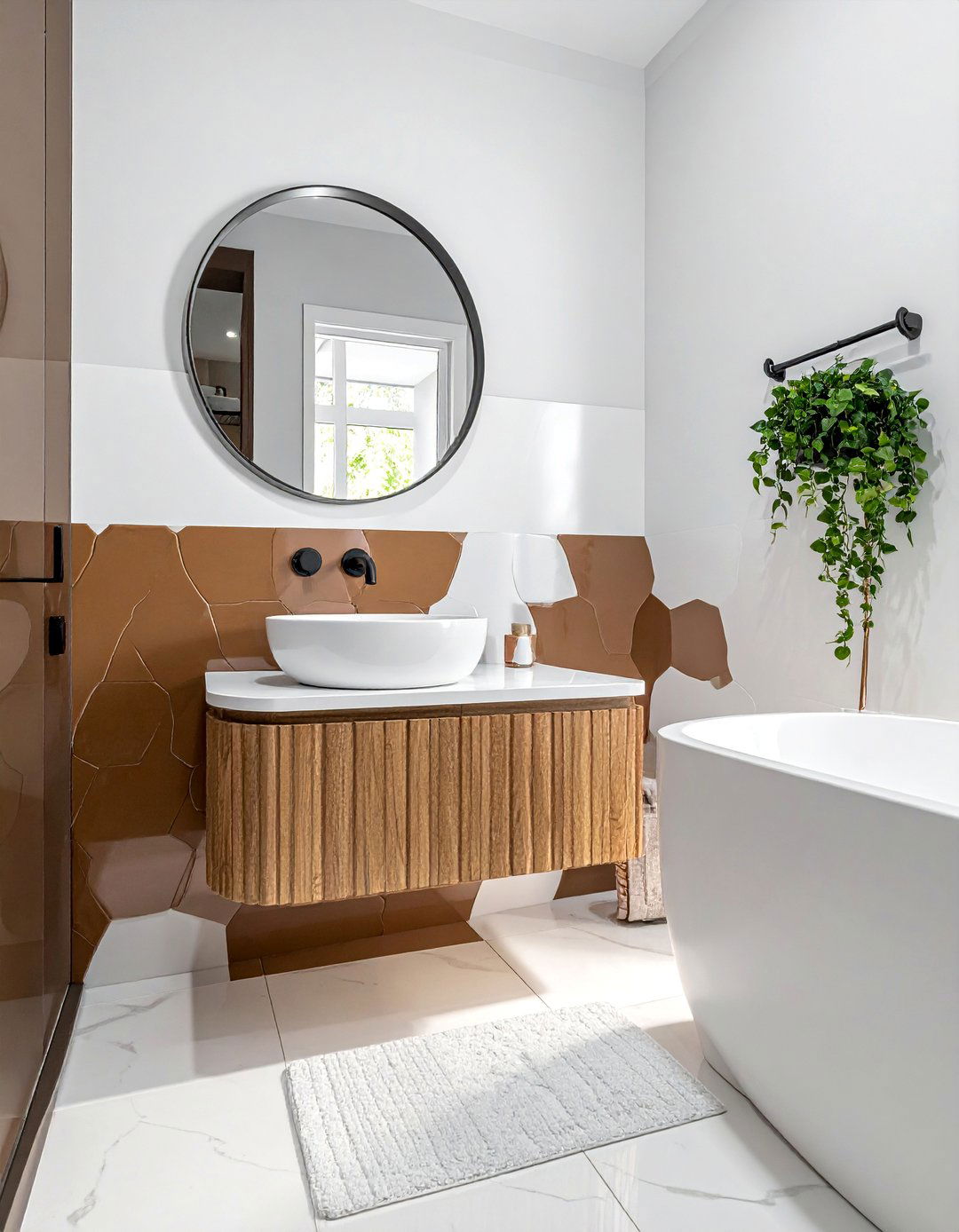 Brown and White Bathroom with Geometric Backsplash - 15 Brown and White Bathroom Ideas for a Timeless Look