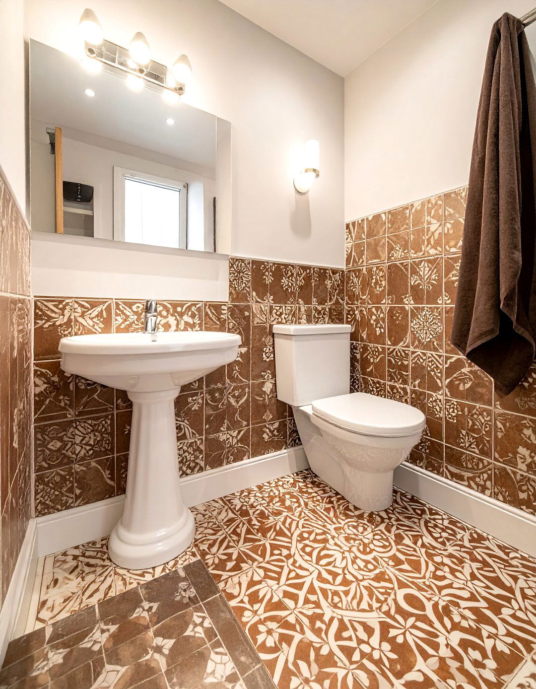 Brown and White Bathroom with Patterned Floor Tiles - 15 Brown and White Bathroom Ideas for a Timeless Look