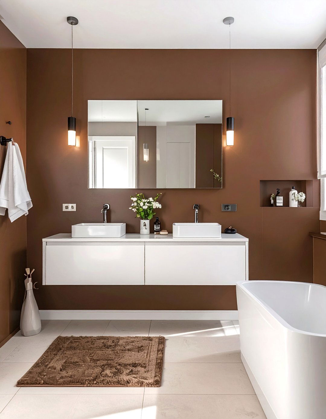 Brown and White Bathroom with a Chocolate Brown Accent Wall - 15 Brown and White Bathroom Ideas for a Timeless Look