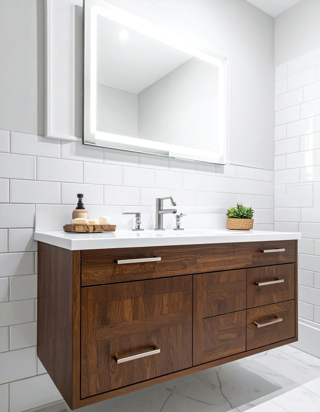 Brown and White Bathroom with a Dark Wood Vanity - 15 Brown and White Bathroom Ideas for a Timeless Look