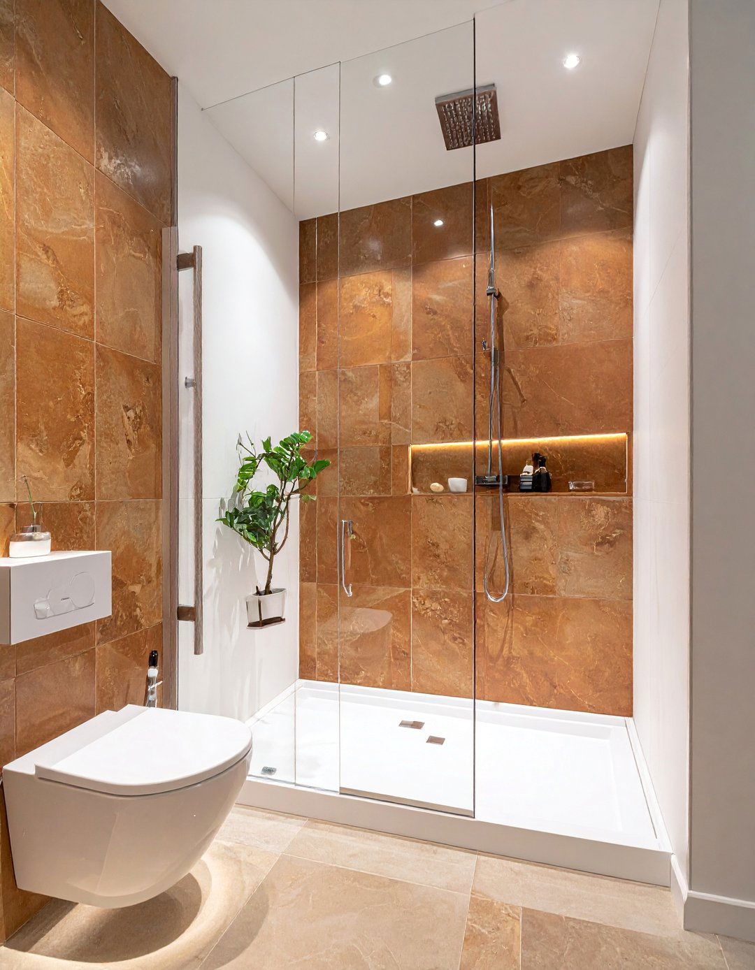 Brown and White Bathroom with a Glass Enclosed Walk in Shower - 15 Brown and White Bathroom Ideas for a Timeless Look
