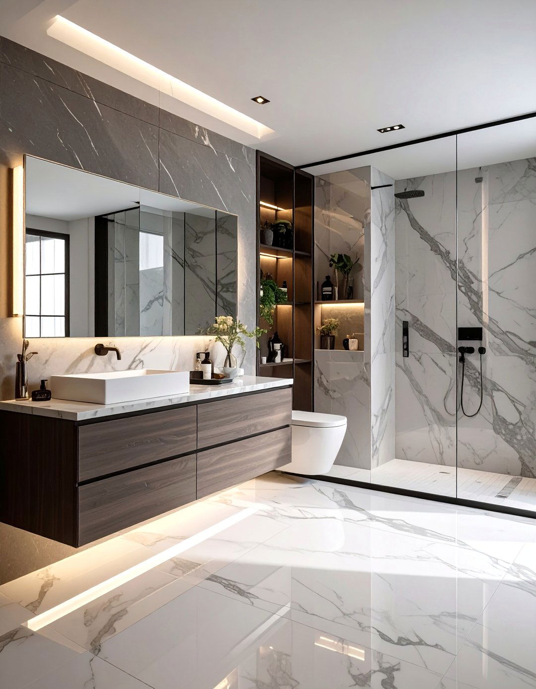 Built in Marble Storage Niches - 20 Luxury Marble Bathroom Ideas for a Spa-Like Retreat