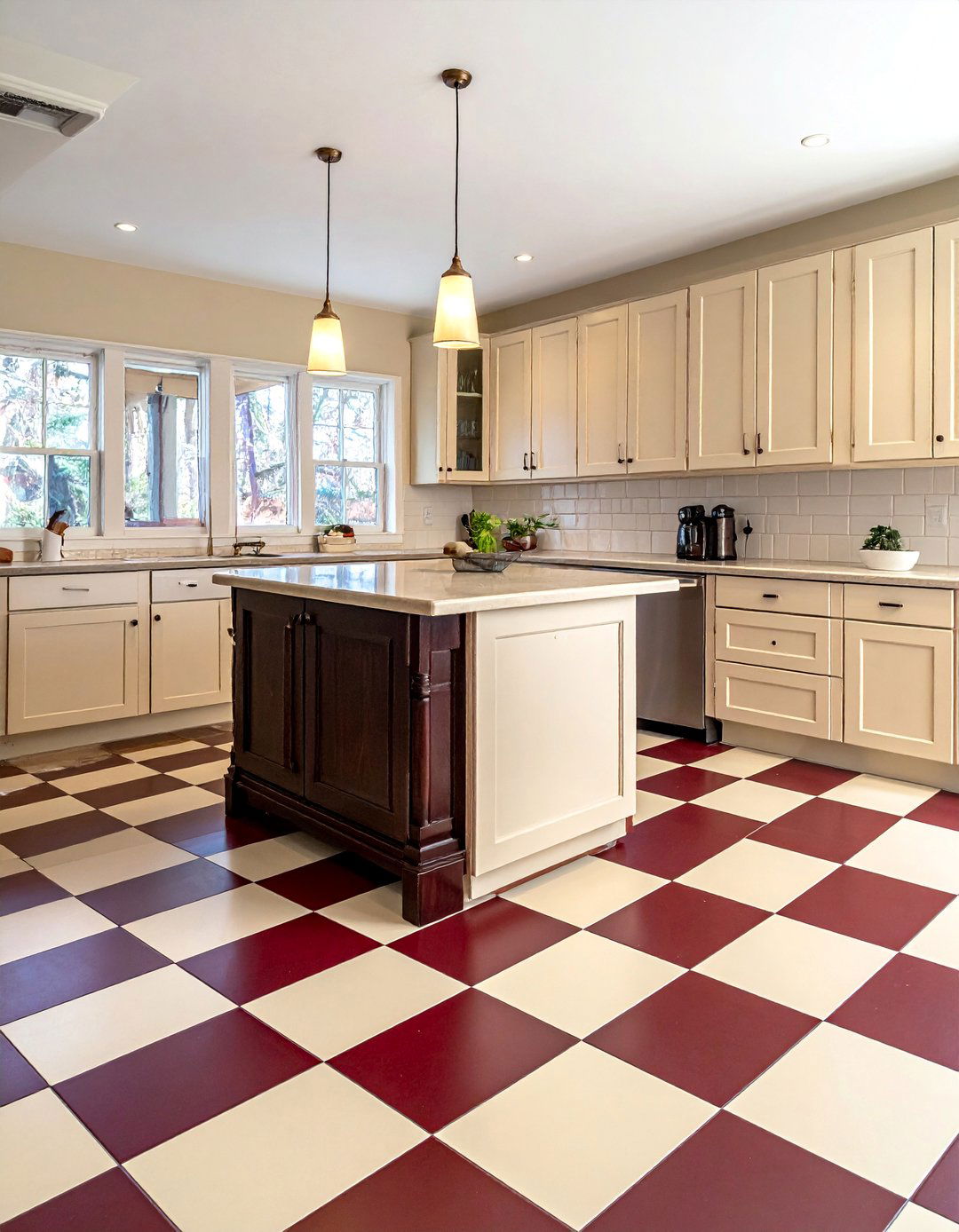 Burgundy and Cream Vinyl Checkered Floors - 25 Kitchens With Checkered Floors for Timeless Style
