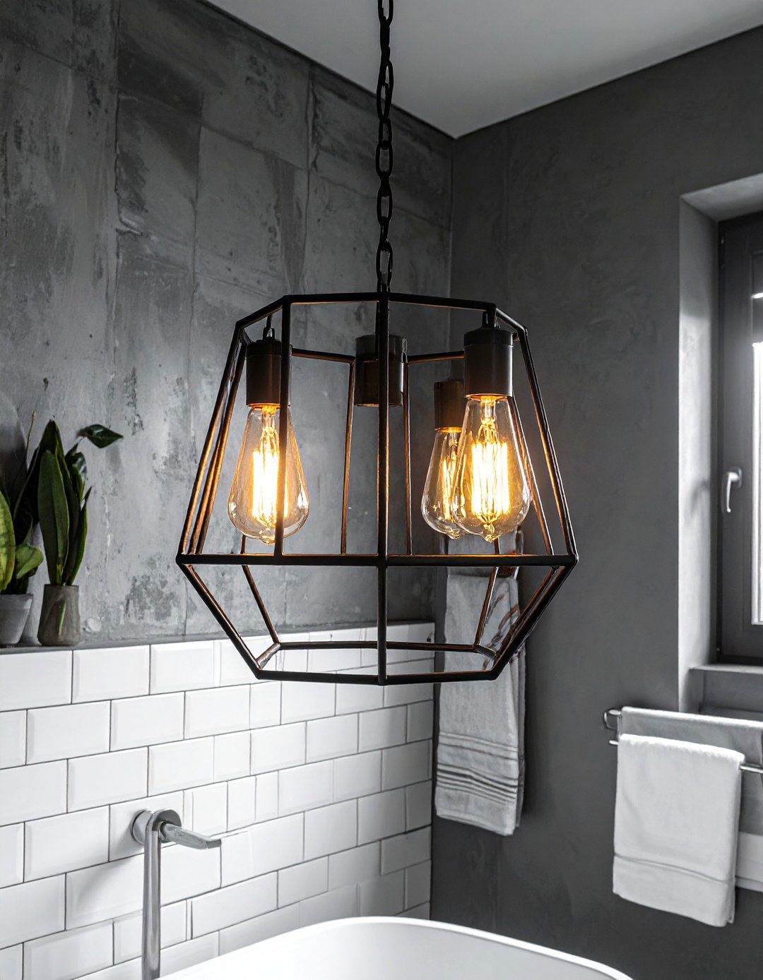 Caged Industrial Bathroom Chandelier - 20 Bathroom Chandelier Ideas for a Luxurious Touch