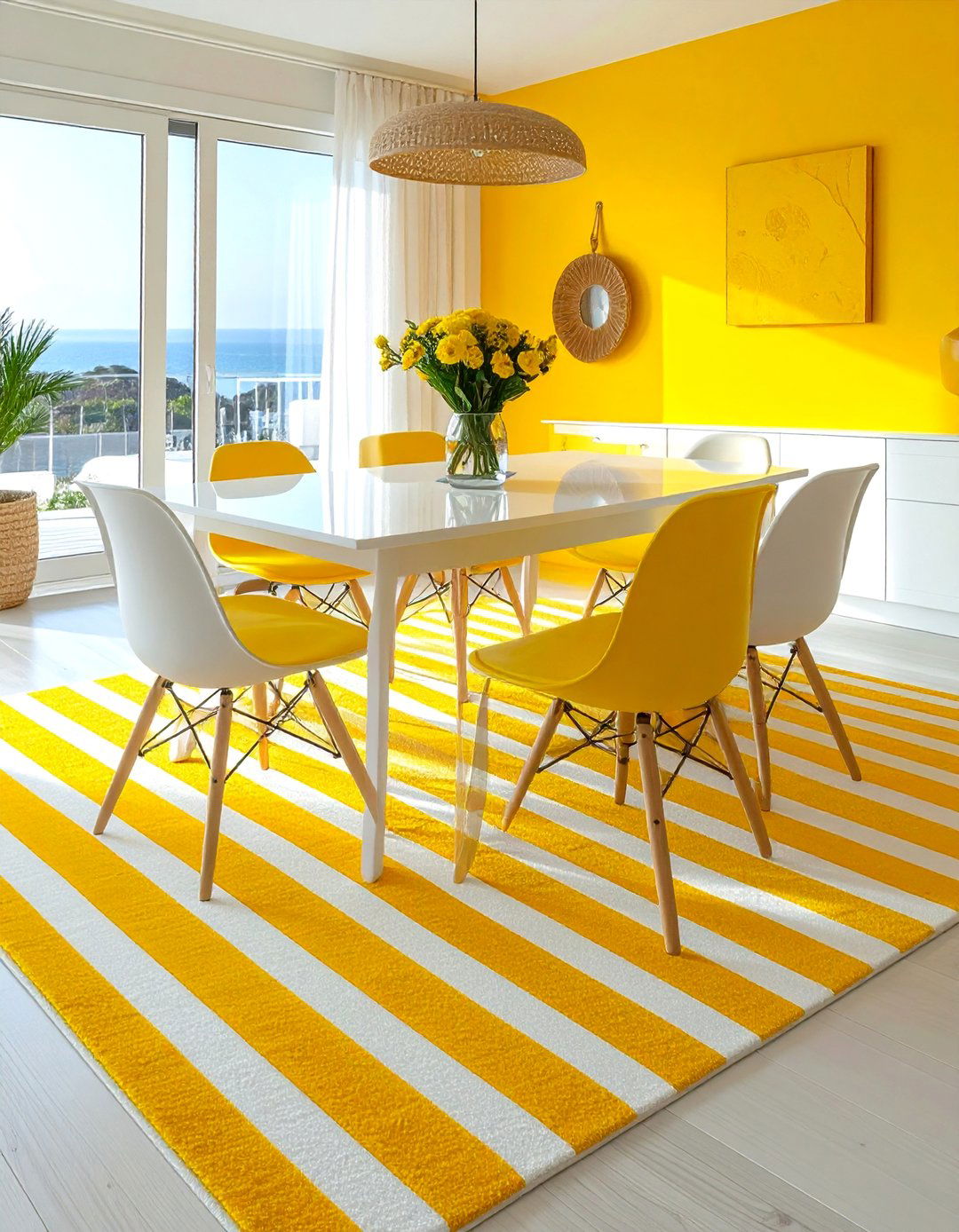 Canary Yellow and White Striped Dining Room Rug - 20 Yellow Dining Room Ideas for a Bright and Cheerful Space