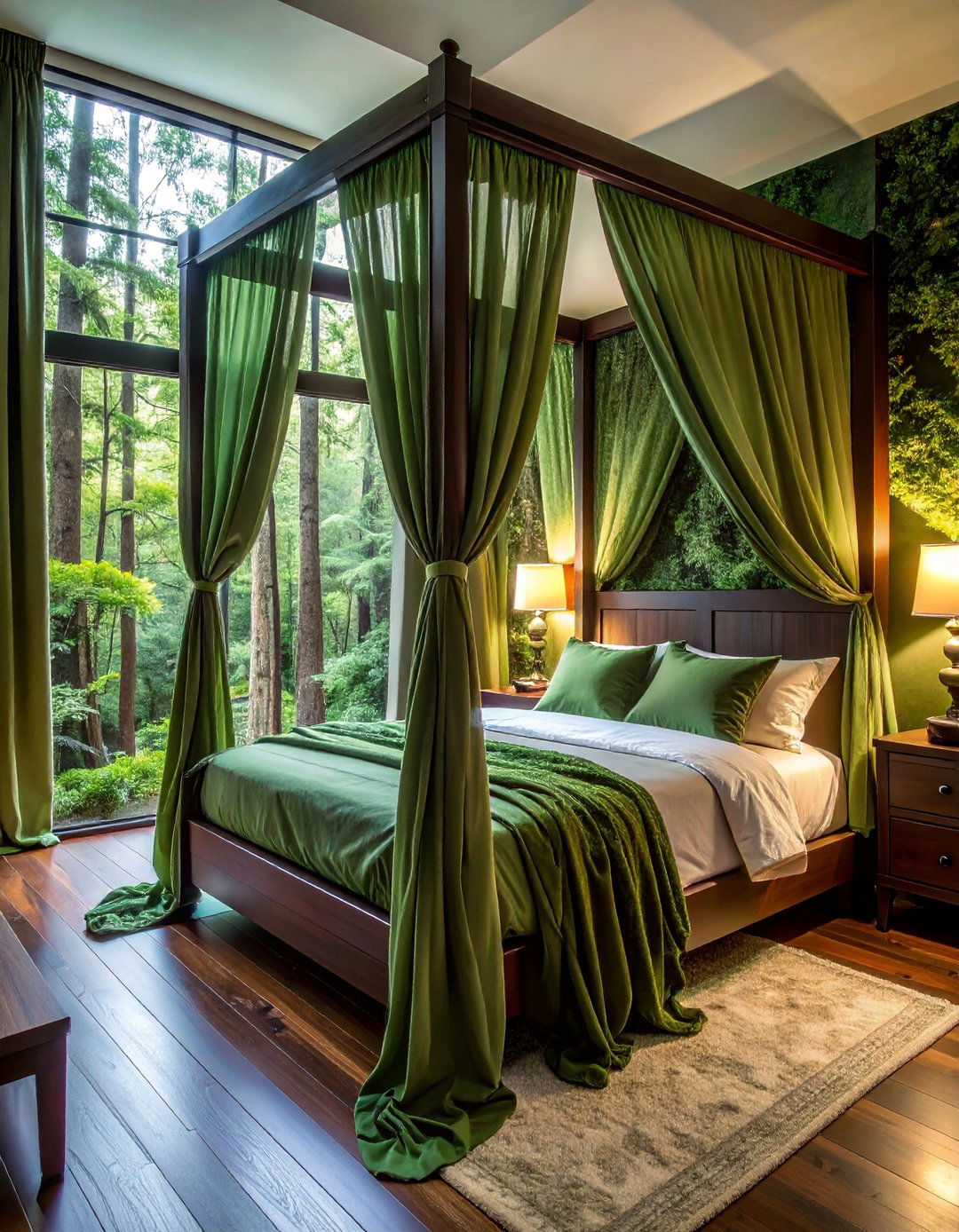 Canopy Bed with Sheer Green Curtains - 20 Forest-Themed Bedroom Ideas for a Nature-Inspired Retreat