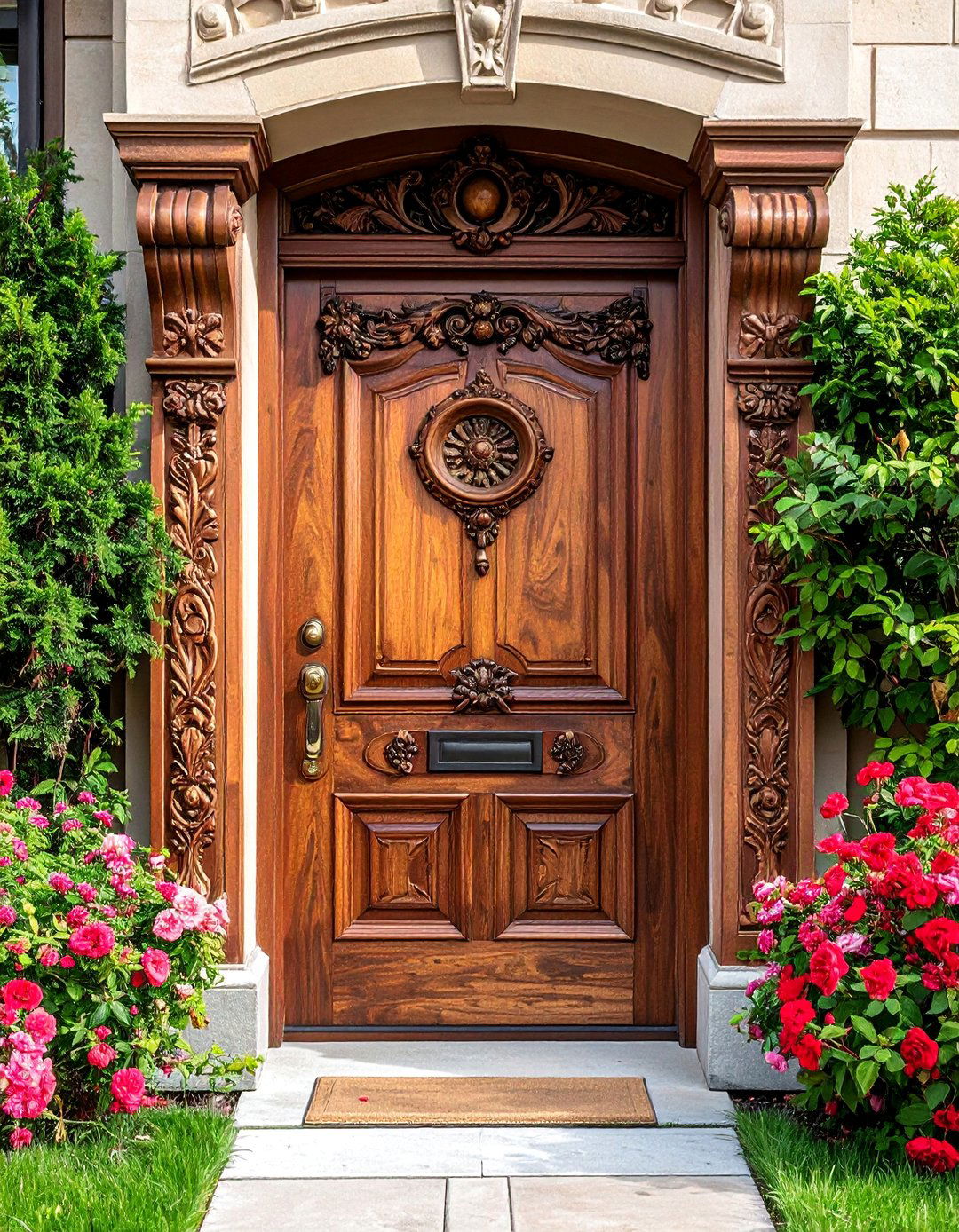 Carved Mahogany Stained Front Door with Ornate Details - 25 Elegant Stained Front Door Ideas for Curb Appeal