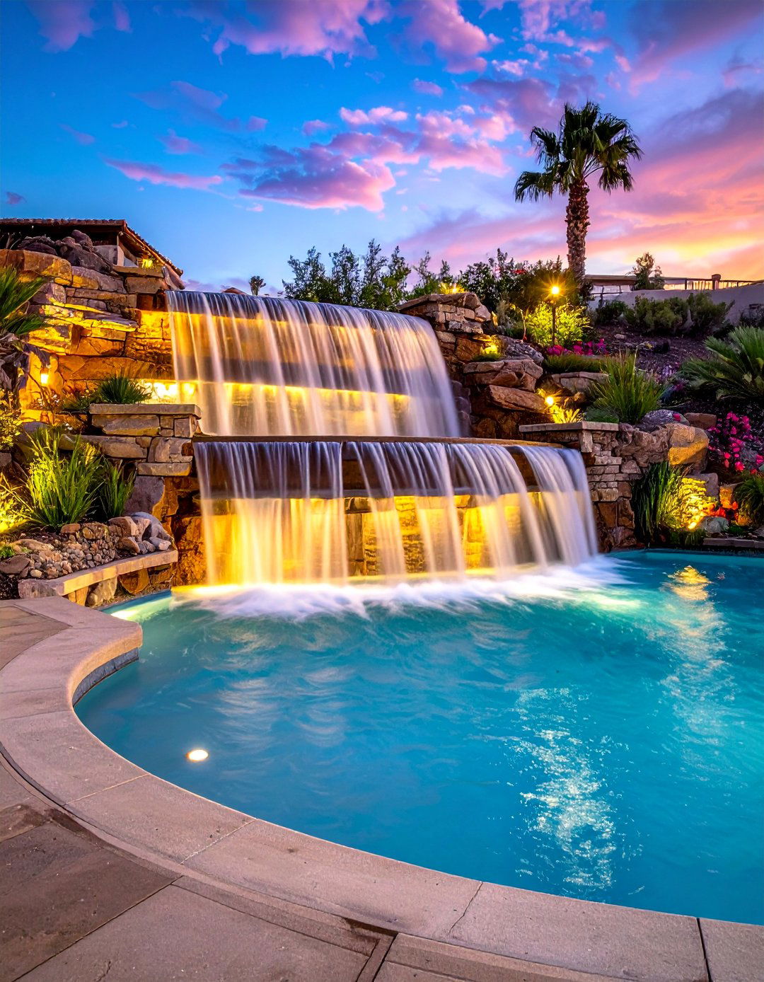 Cascading Multi Level Waterfalls - 15 Pool Fountain Ideas for a Luxurious Backyard Oasis
