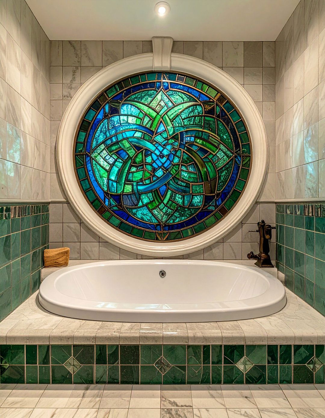 Celtic Knot Stained Glass Medallion in a Bathtub Nook - 20 Stained Glass Bathtub Ideas for a Luxurious Bathroom