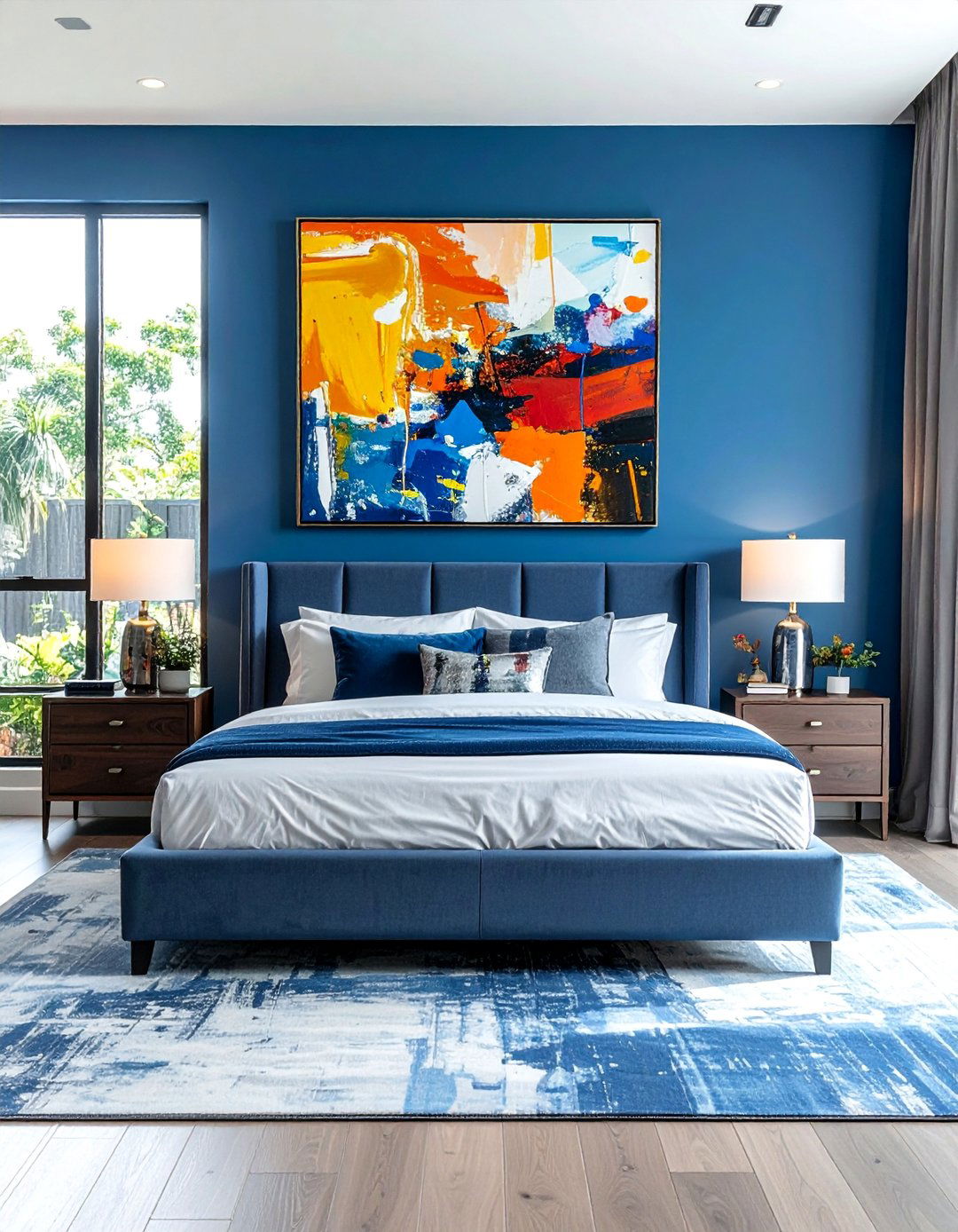 Cerulean Blue with Bold Abstract Art - 25 Luxury Blue Bedroom Ideas for a Serene Retreat