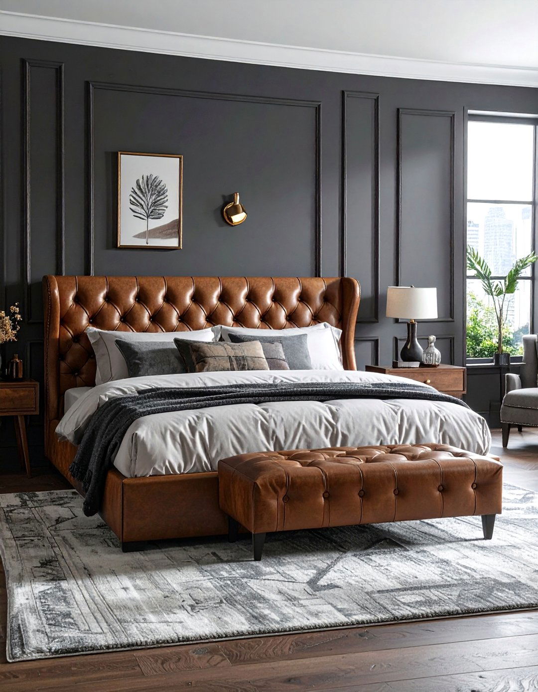 Charcoal Bedroom Featuring a Leather Headboard - 15 Charcoal Bedroom Ideas for a Sophisticated Retreat