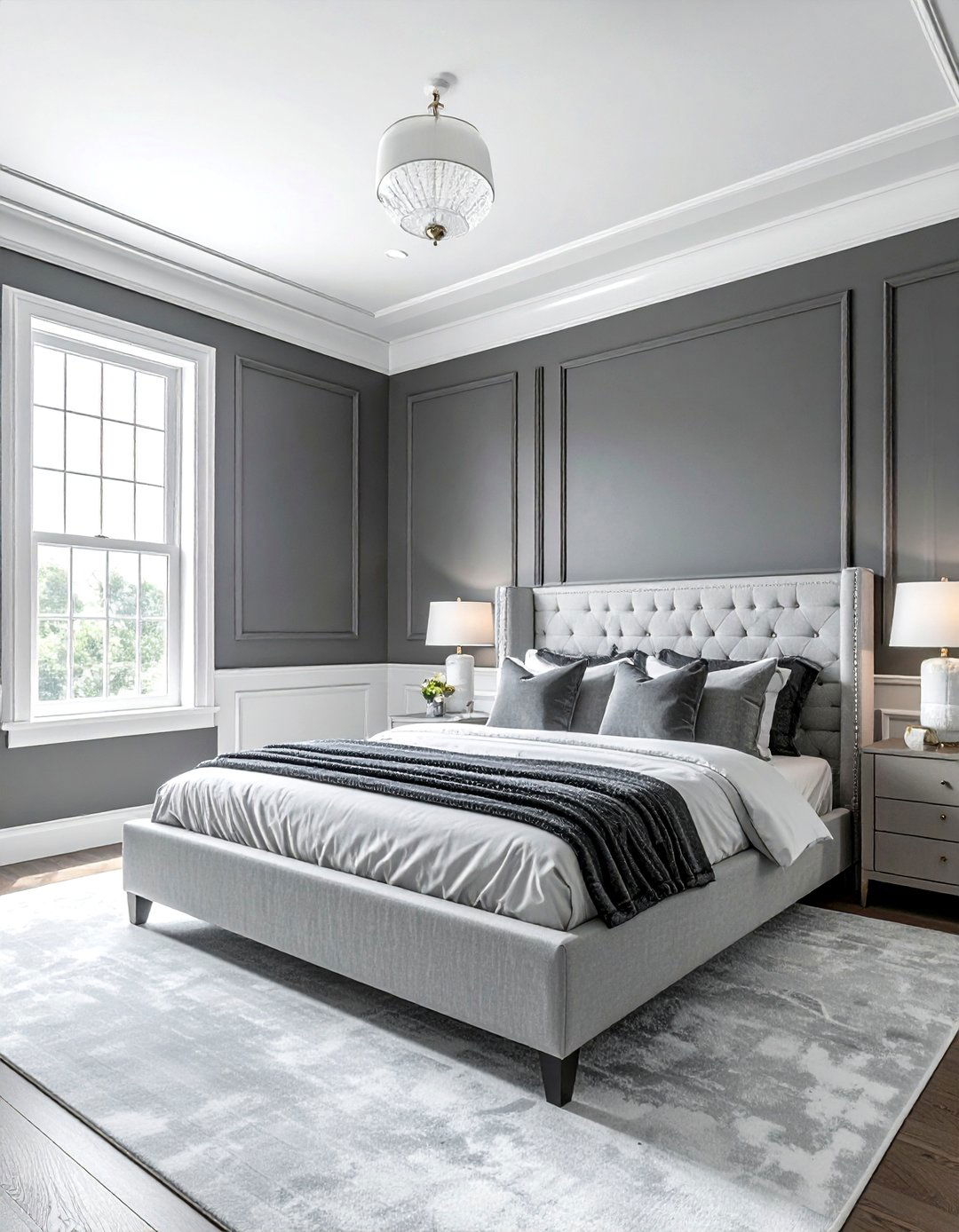 Charcoal Bedroom Paired with Crisp White Trim - 15 Charcoal Bedroom Ideas for a Sophisticated Retreat