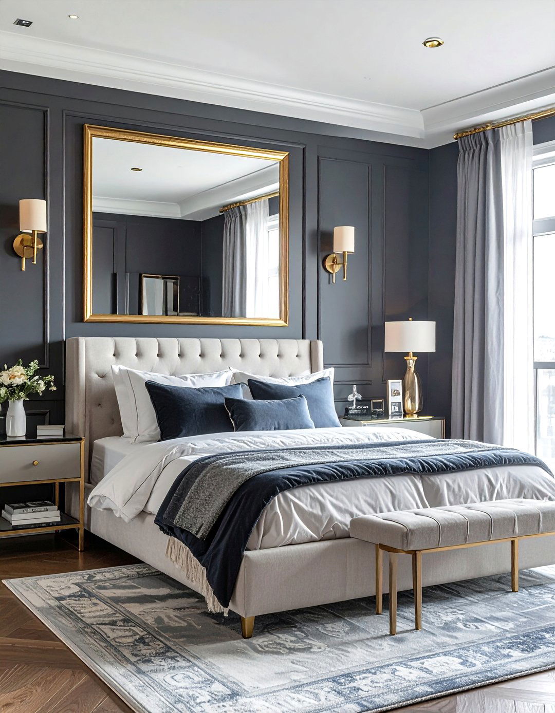 Charcoal Bedroom with Gold and Brass Accents - 15 Charcoal Bedroom Ideas for a Sophisticated Retreat