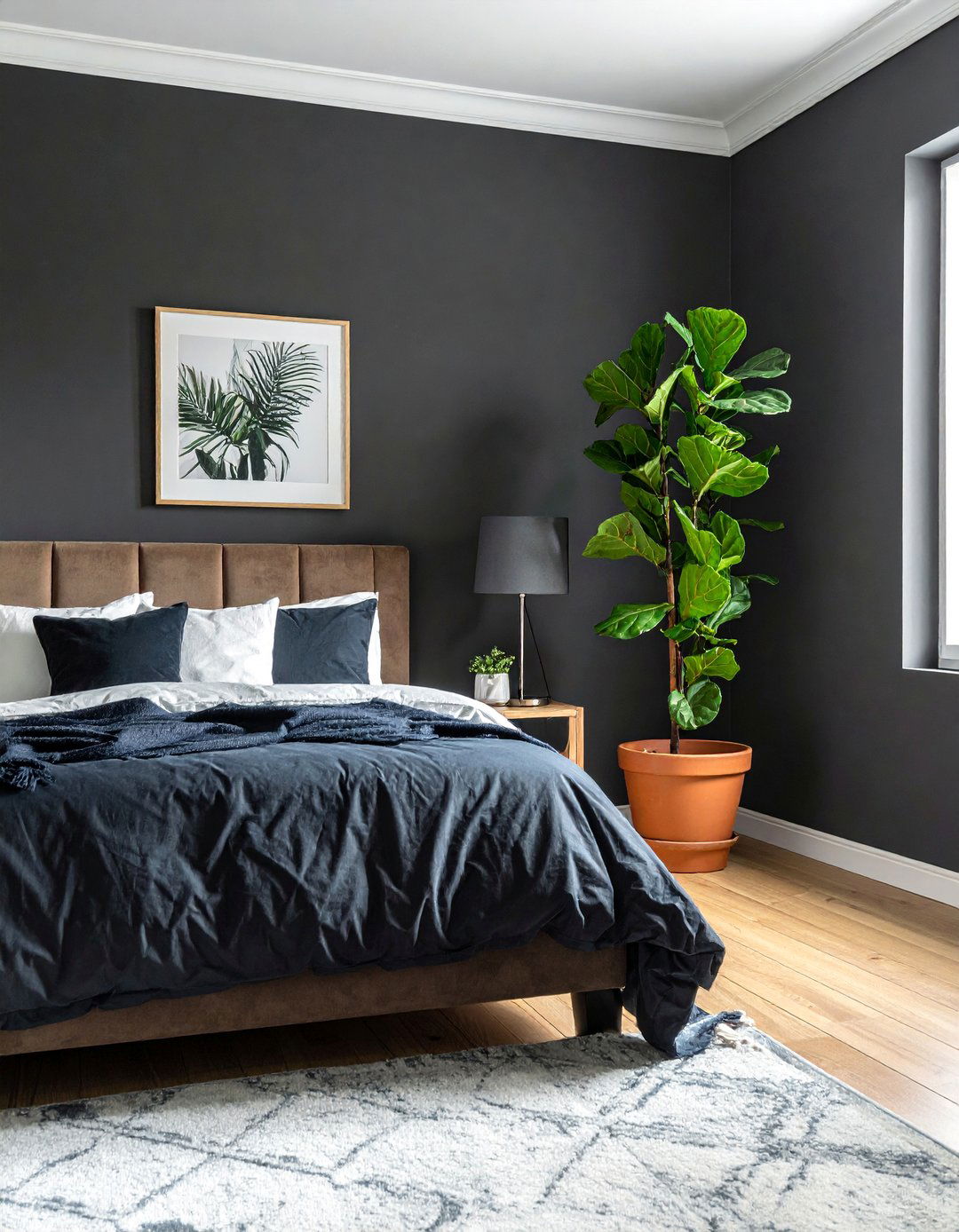 Charcoal Bedroom with Natural Greenery and Plants - 15 Charcoal Bedroom Ideas for a Sophisticated Retreat