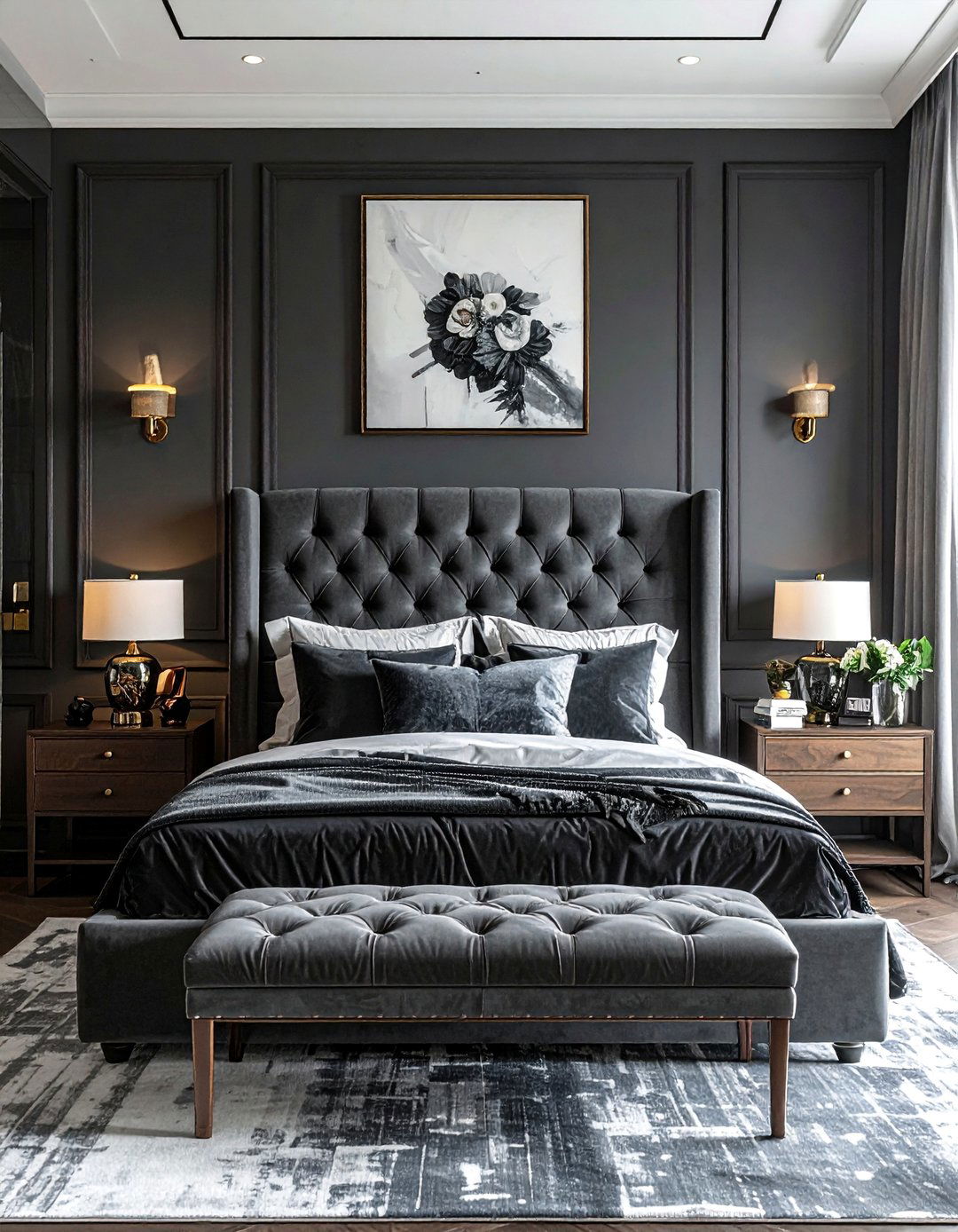 Charcoal Bedroom with Plush Velvet Textures - 15 Charcoal Bedroom Ideas for a Sophisticated Retreat
